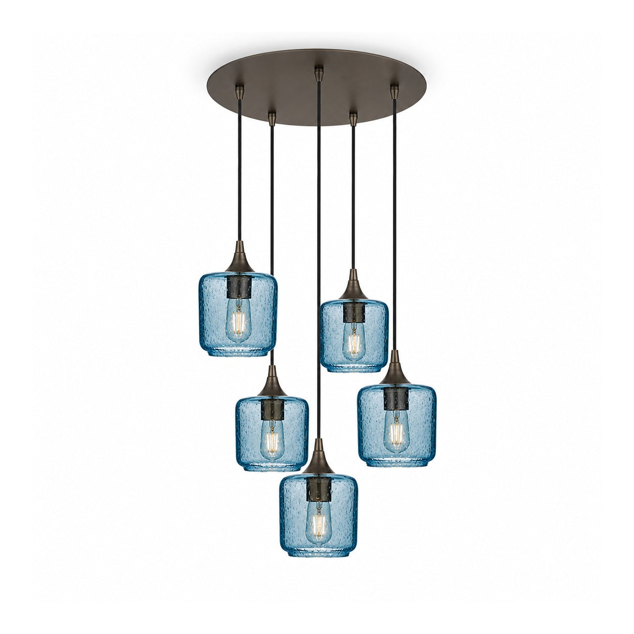 601 5 Pendant Cascade Chandelier-Glass-Bicycle Glass Co-Lunar-Steel Blue-Antique Bronze - 4ft Cord-Bicycle Glass Co