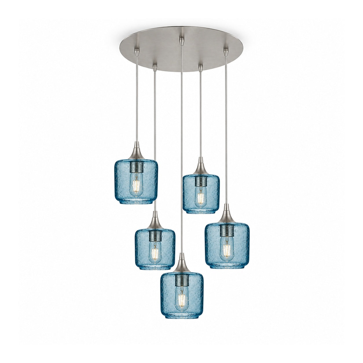 601 5 Pendant Cascade Chandelier-Glass-Bicycle Glass Co-Lunar-Steel Blue-Brushed Nickel - 4ft Cord-Bicycle Glass Co