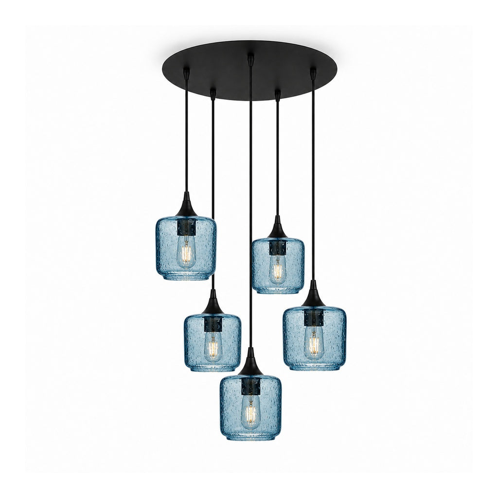 601 5 Pendant Cascade Chandelier-Glass-Bicycle Glass Co-Lunar-Steel Blue-Matte Black - 4ft Cord-Bicycle Glass Co