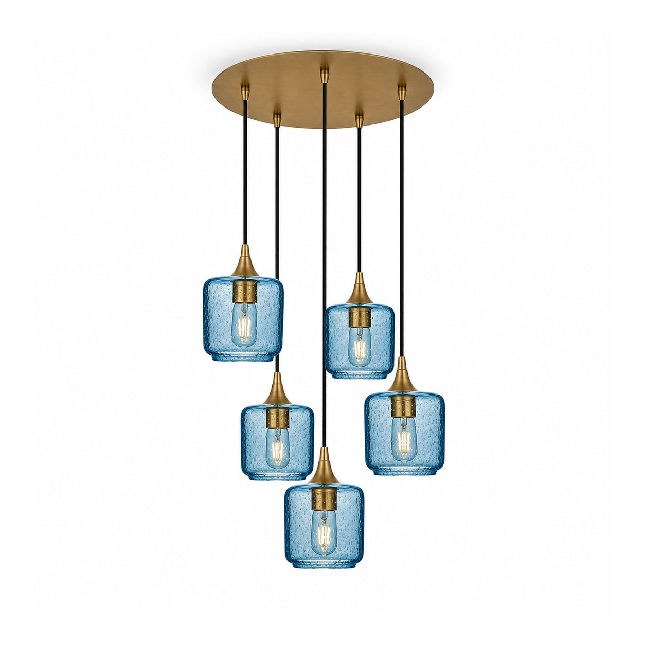 601 5 Pendant Cascade Chandelier-Glass-Bicycle Glass Co-Lunar-Steel Blue-Polished Brass - 4ft Cord-Bicycle Glass Co