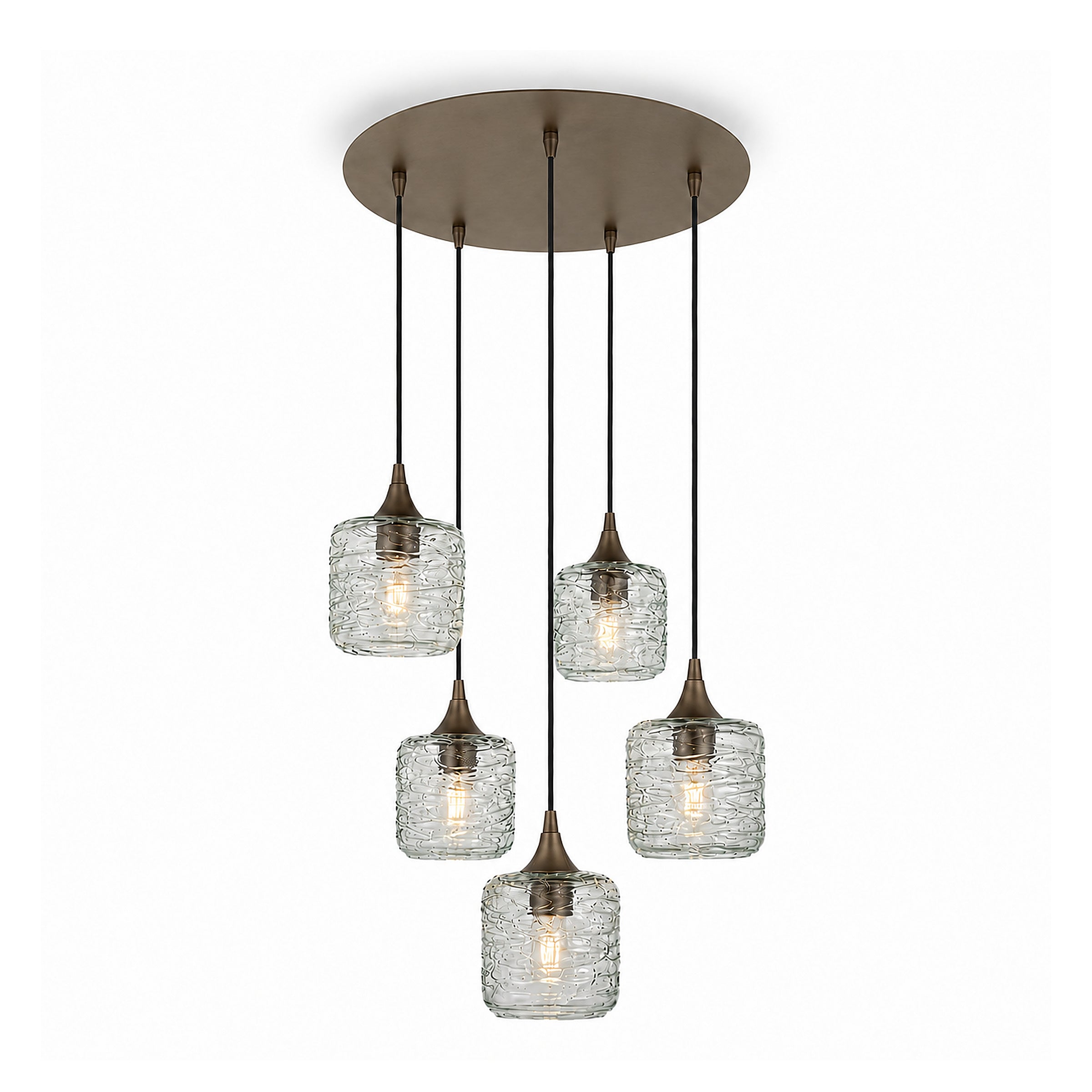 601 5 Pendant Cascade Chandelier-Glass-Bicycle Glass Co-Spun-Eco Clear-Antique Bronze - 4ft Cord-Bicycle Glass Co