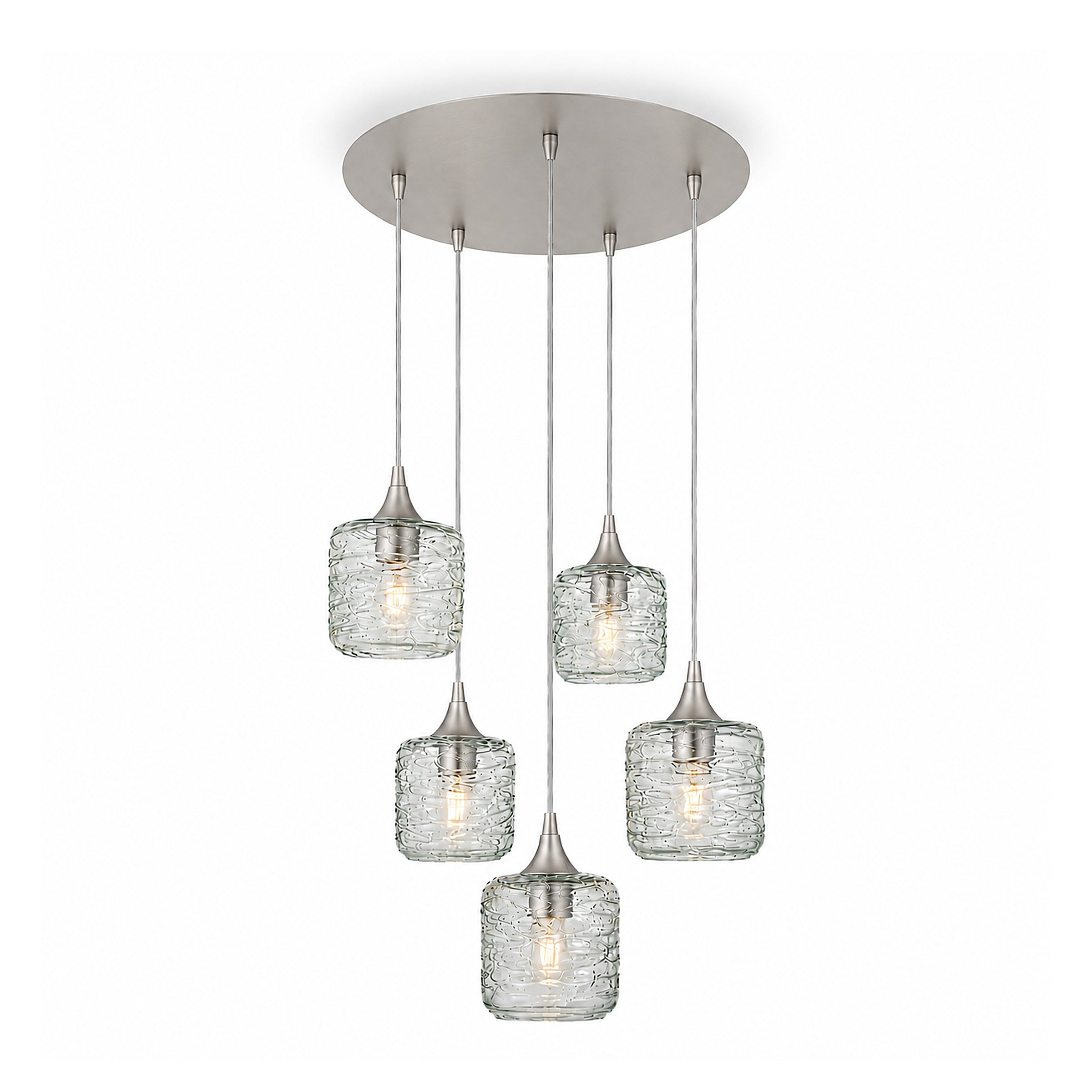 601 5 Pendant Cascade Chandelier-Glass-Bicycle Glass Co-Spun-Eco Clear-Brushed Nickel - 4ft Cord-Bicycle Glass Co