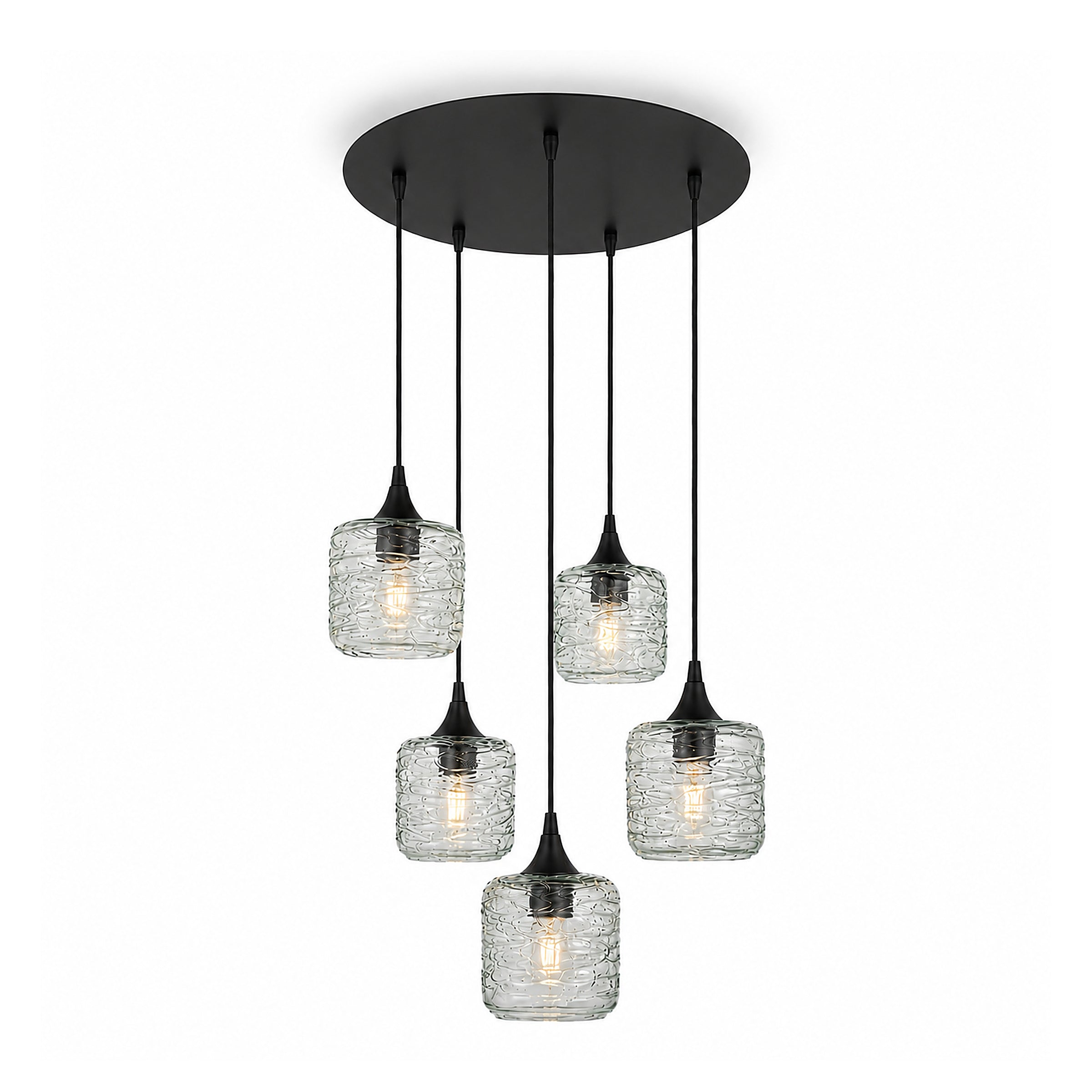 601 5 Pendant Cascade Chandelier-Glass-Bicycle Glass Co-Spun-Eco Clear-Matte Black - 4ft Cord-Bicycle Glass Co