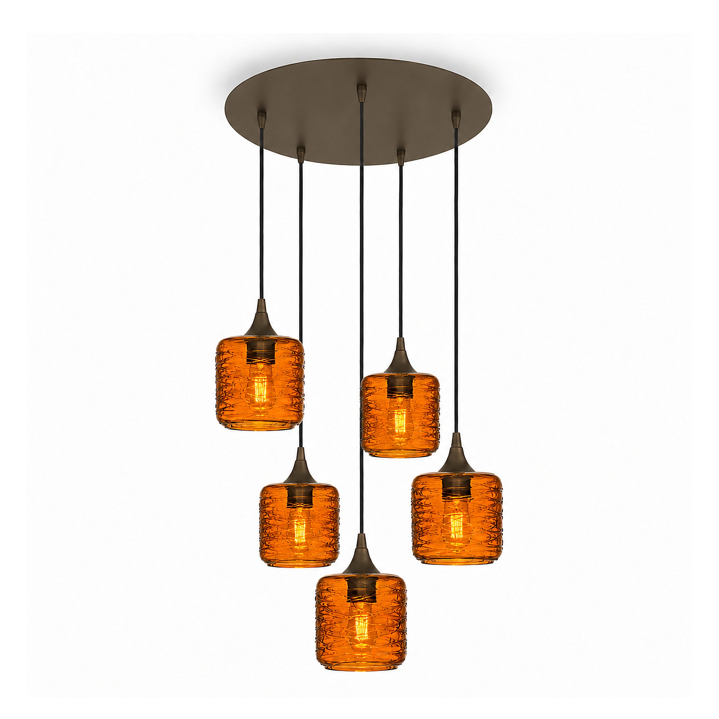 601 5 Pendant Cascade Chandelier-Glass-Bicycle Glass Co-Spun-Golden Amber-Antique Bronze - 4ft Cord-Bicycle Glass Co