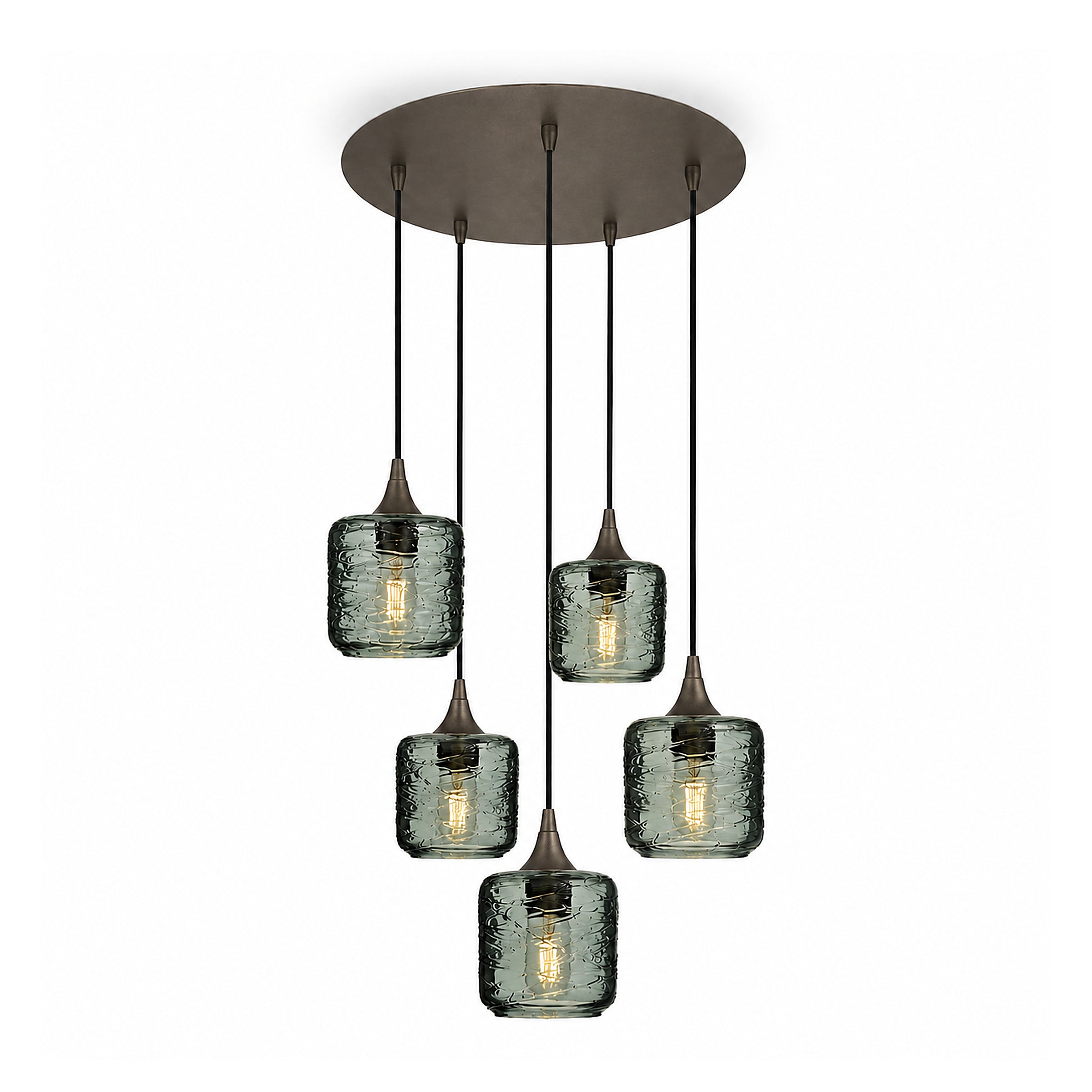 601 5 Pendant Cascade Chandelier-Glass-Bicycle Glass Co-Spun-Slate Gray-Antique Bronze - 4ft Cord-Bicycle Glass Co