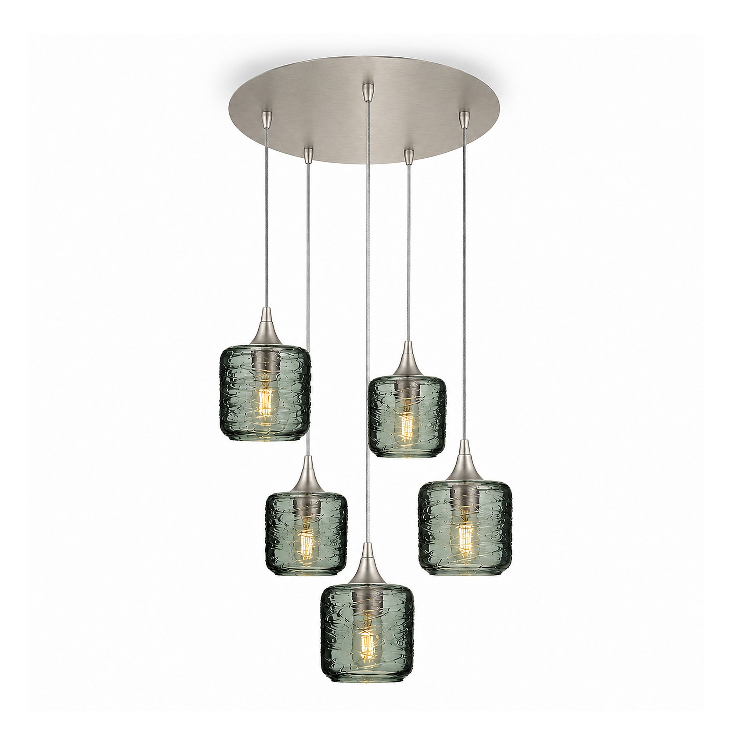 601 5 Pendant Cascade Chandelier-Glass-Bicycle Glass Co-Spun-Slate Gray-Brushed Nickel - 4ft Cord-Bicycle Glass Co