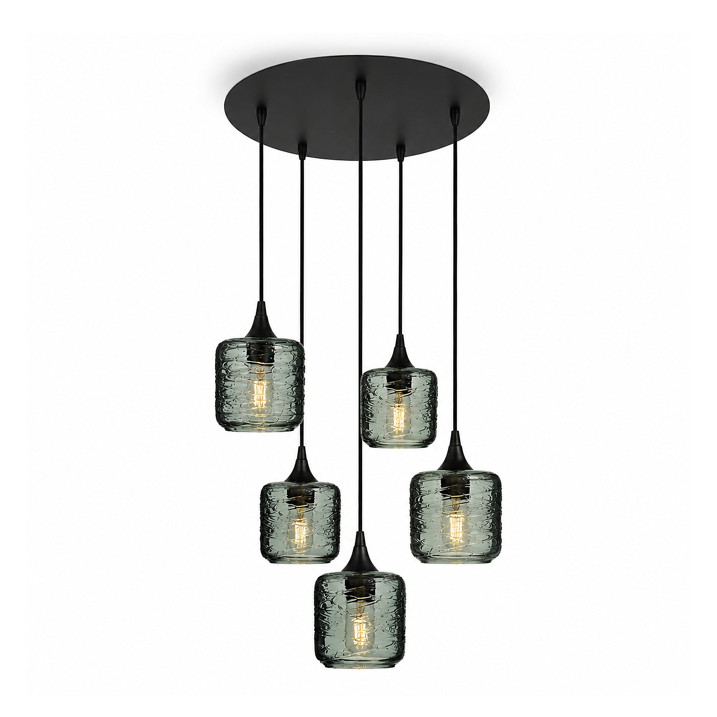 601 5 Pendant Cascade Chandelier-Glass-Bicycle Glass Co-Spun-Slate Gray-Matte Black - 4ft Cord-Bicycle Glass Co