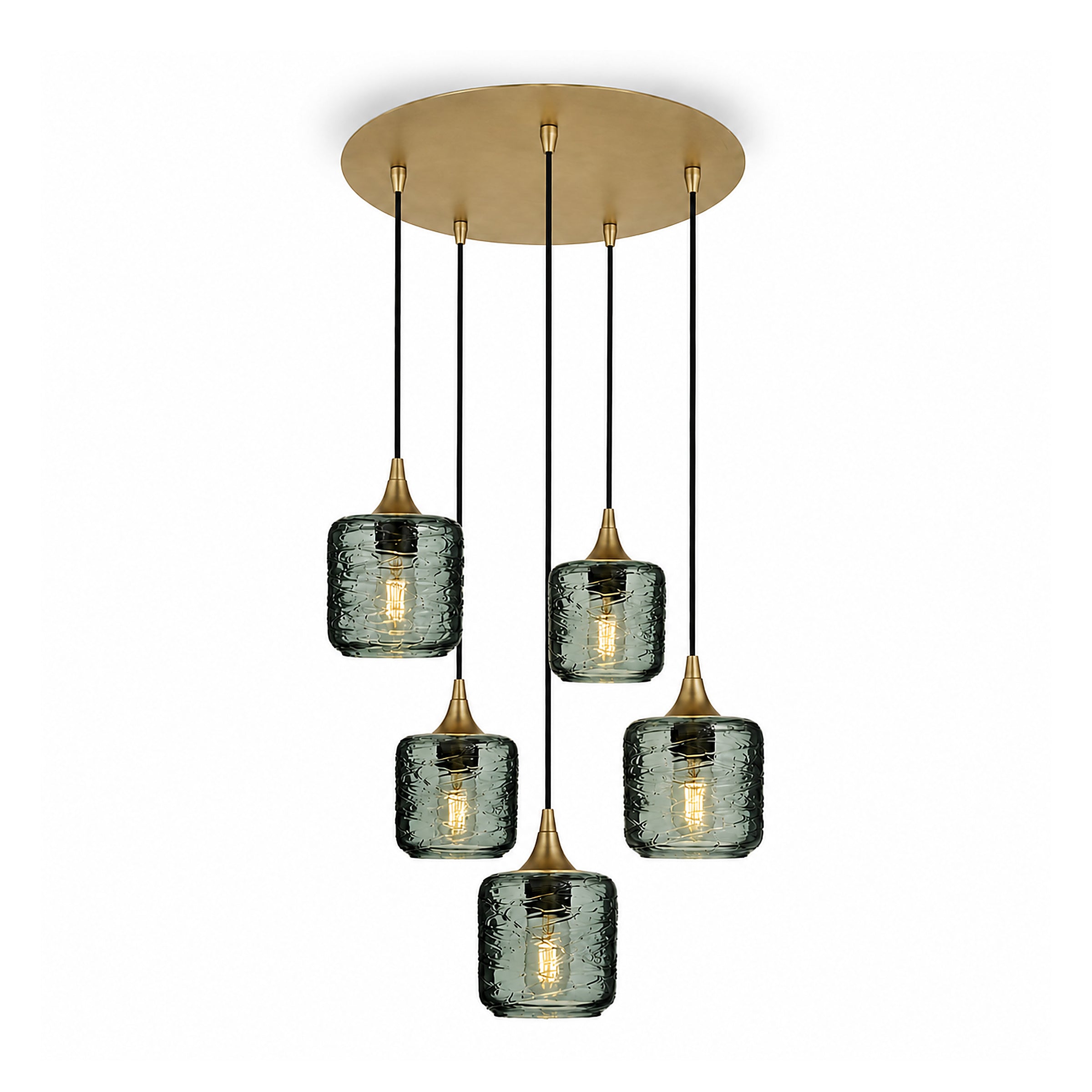 601 5 Pendant Cascade Chandelier-Glass-Bicycle Glass Co-Spun-Slate Gray-Polished Brass - 4ft Cord-Bicycle Glass Co