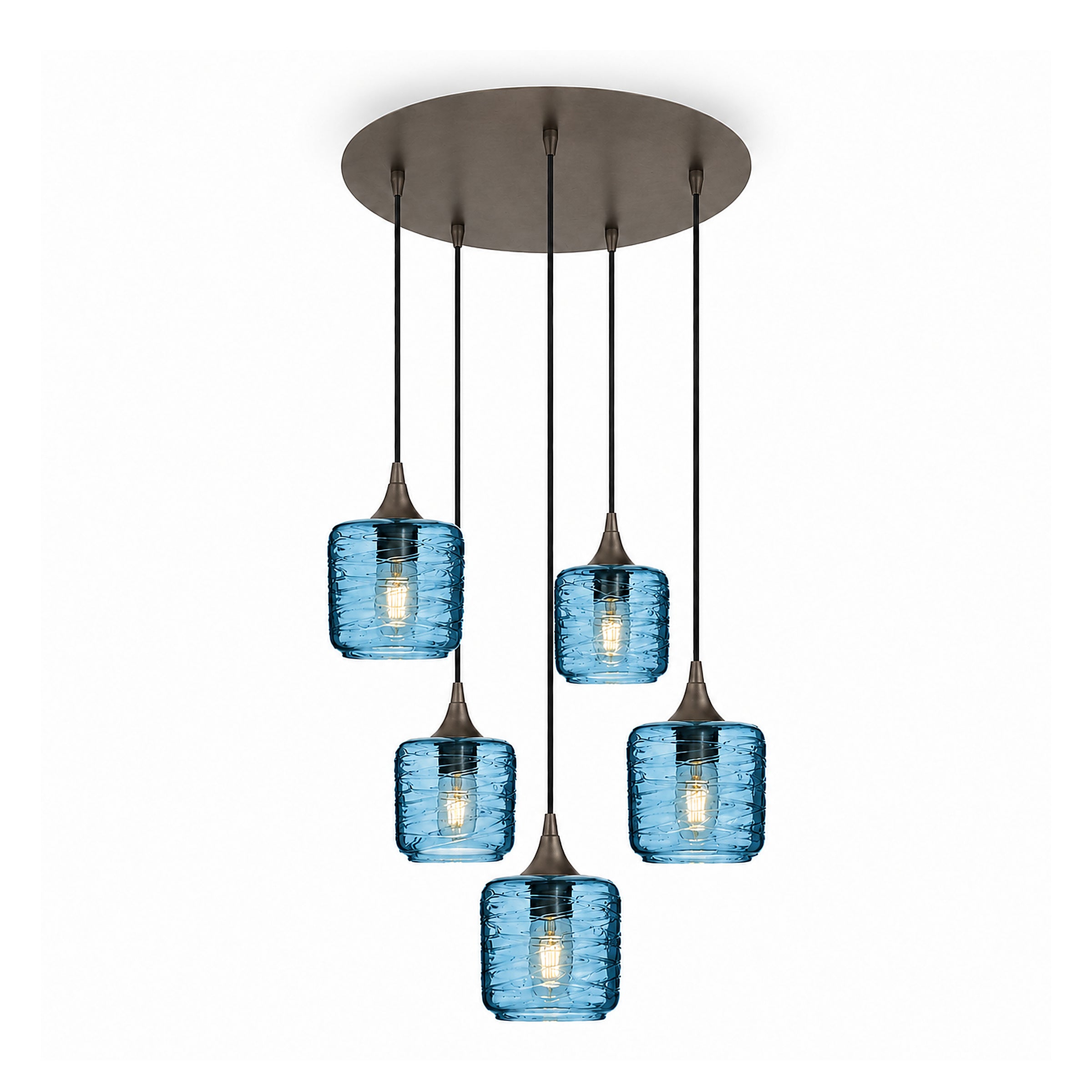 601 5 Pendant Cascade Chandelier-Glass-Bicycle Glass Co-Spun-Steel Blue-Antique Bronze - 4ft Cord-Bicycle Glass Co