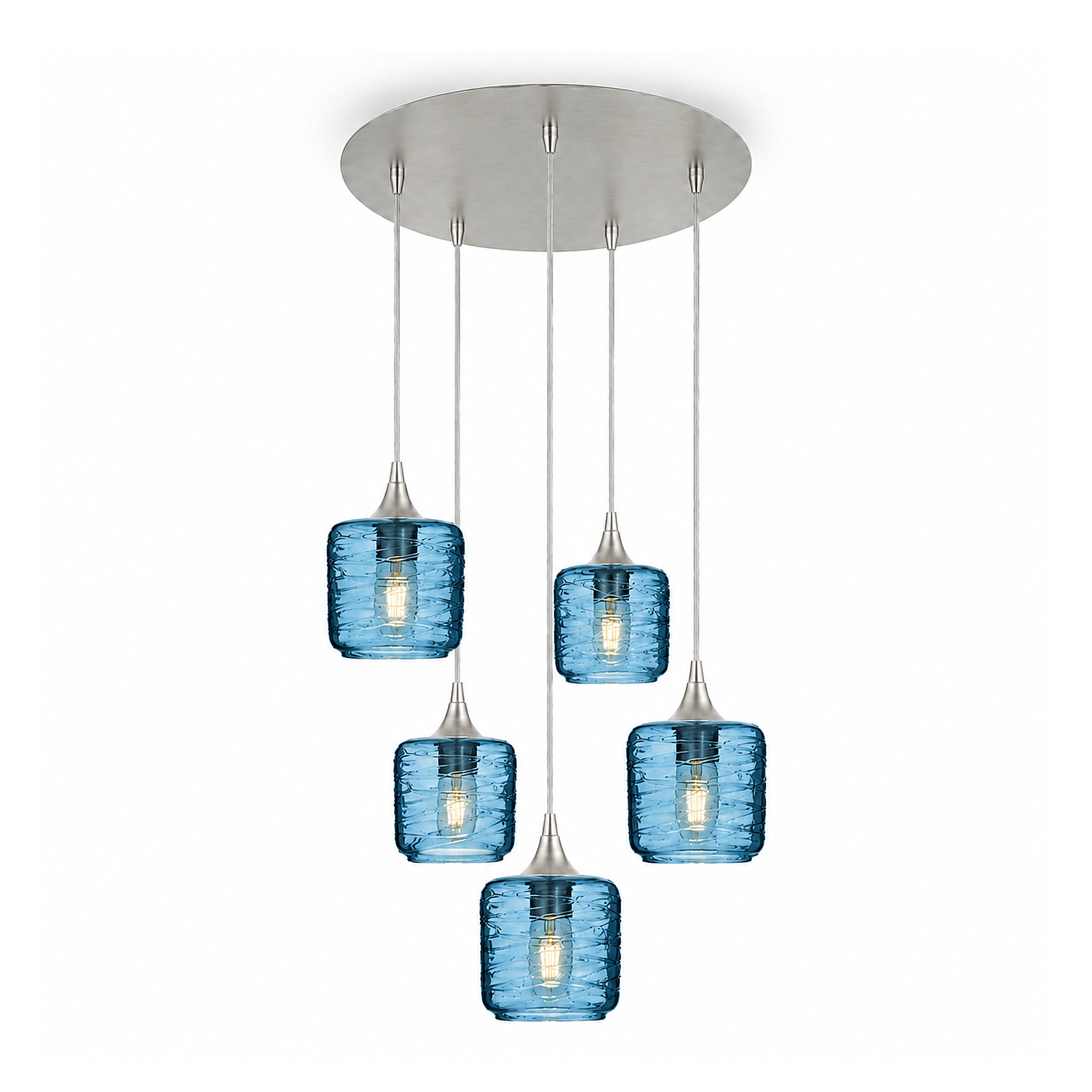 601 5 Pendant Cascade Chandelier-Glass-Bicycle Glass Co-Spun-Steel Blue-Brushed Nickel - 4ft Cord-Bicycle Glass Co