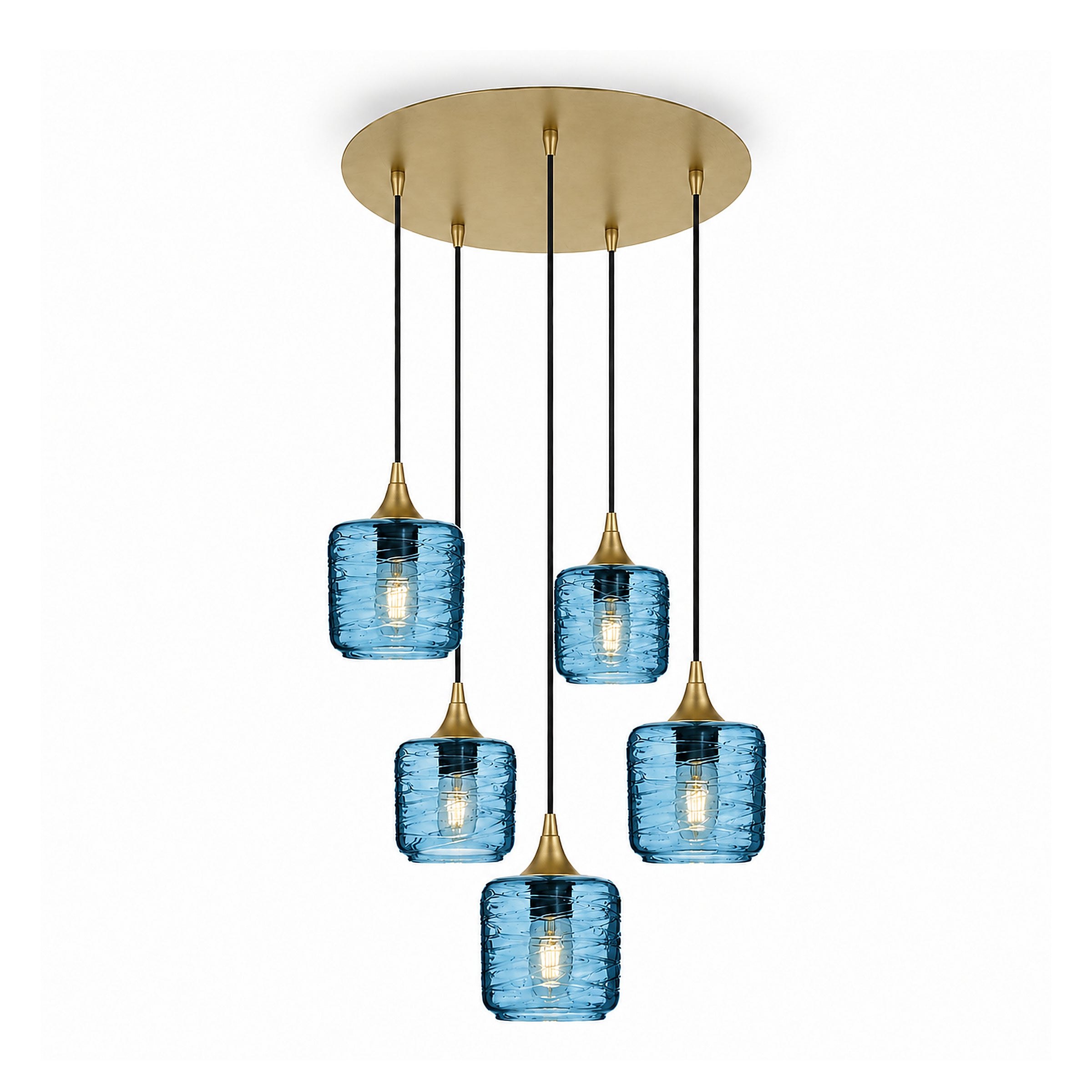 601 5 Pendant Cascade Chandelier-Glass-Bicycle Glass Co-Spun-Steel Blue-Polished Brass - 4ft Cord-Bicycle Glass Co