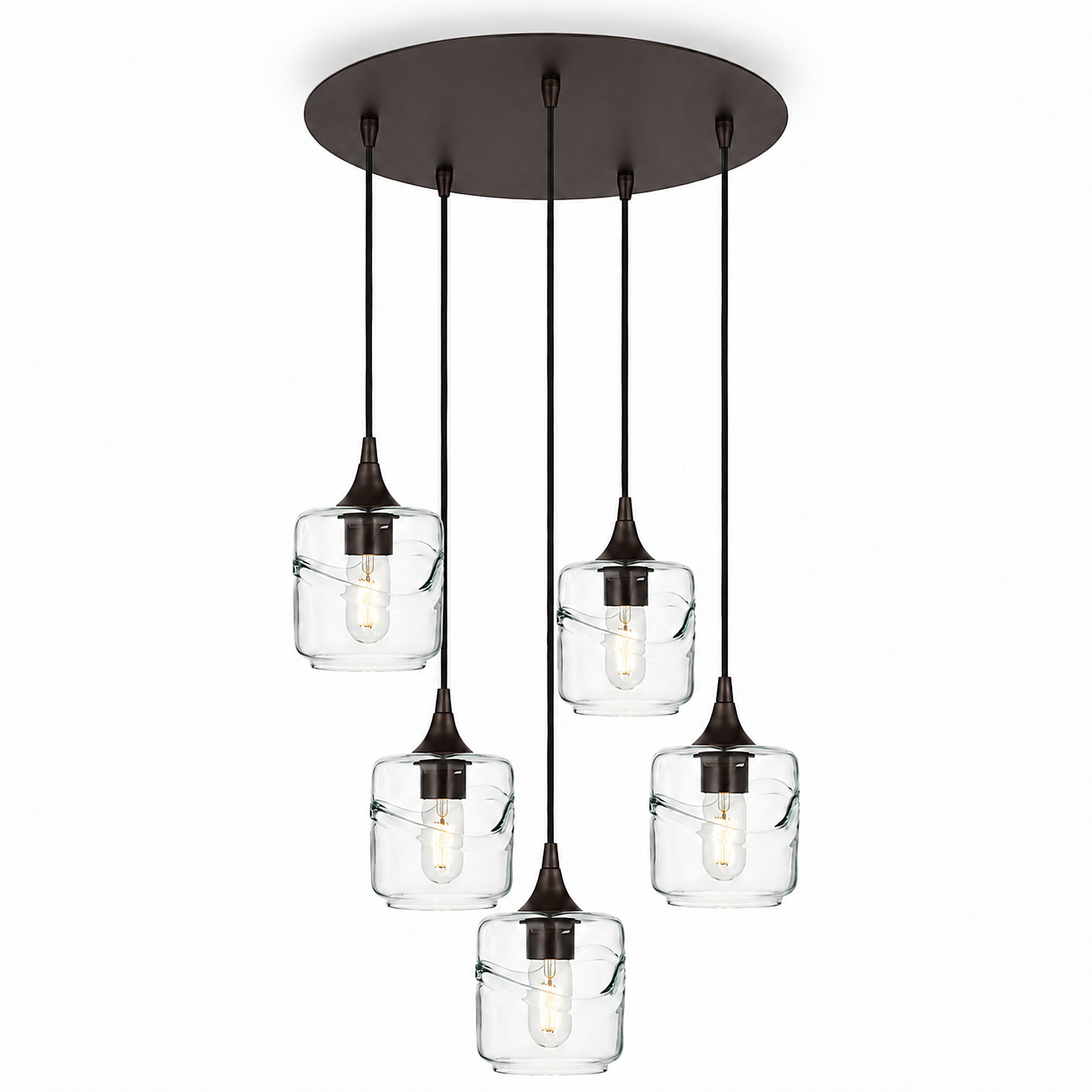 601 5 Pendant Cascade Chandelier-Glass-Bicycle Glass Co-Swell-Eco Clear-Antique Bronze - 4ft Cord-Bicycle Glass Co