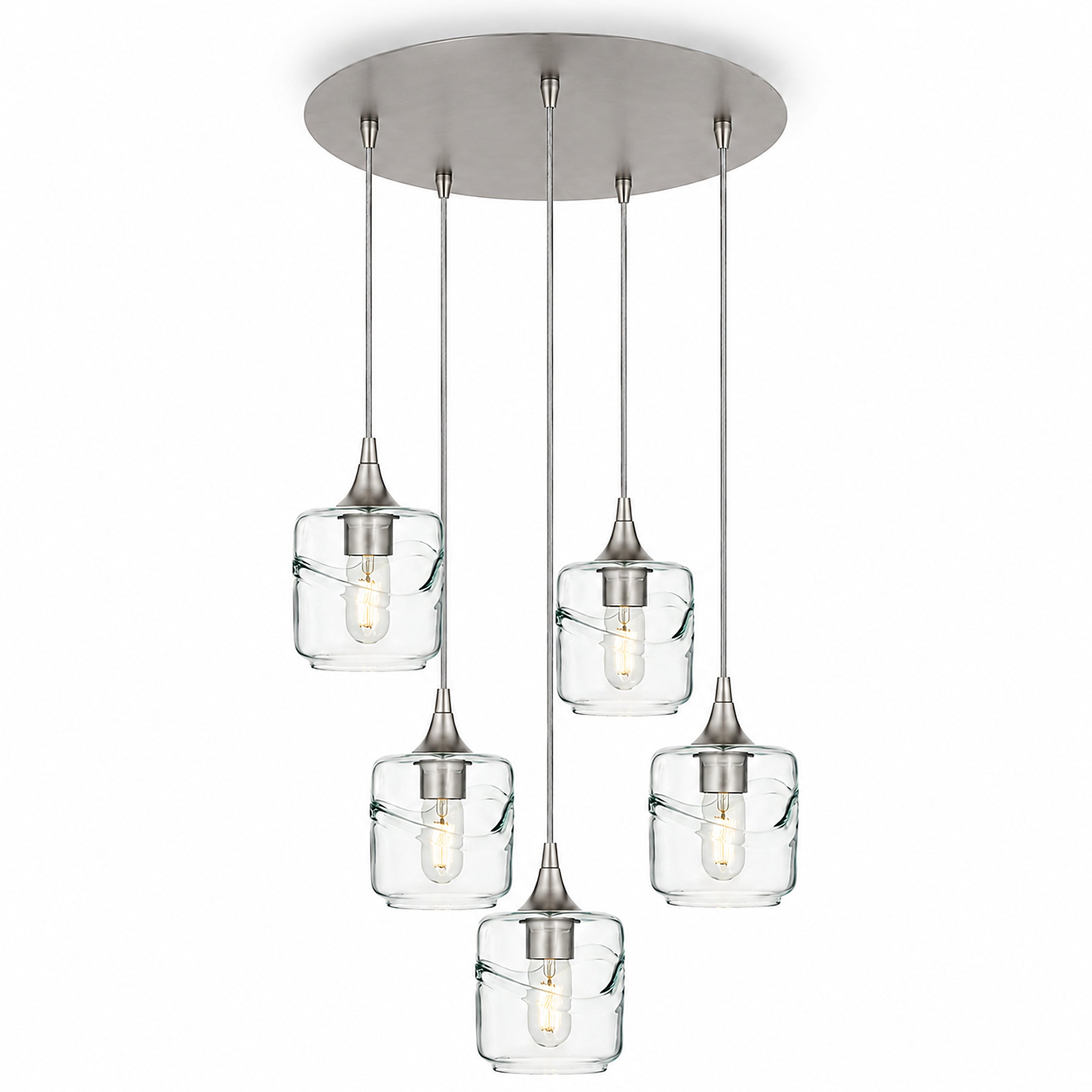 601 5 Pendant Cascade Chandelier-Glass-Bicycle Glass Co-Swell-Eco Clear-Brushed Nickel - 4ft Cord-Bicycle Glass Co