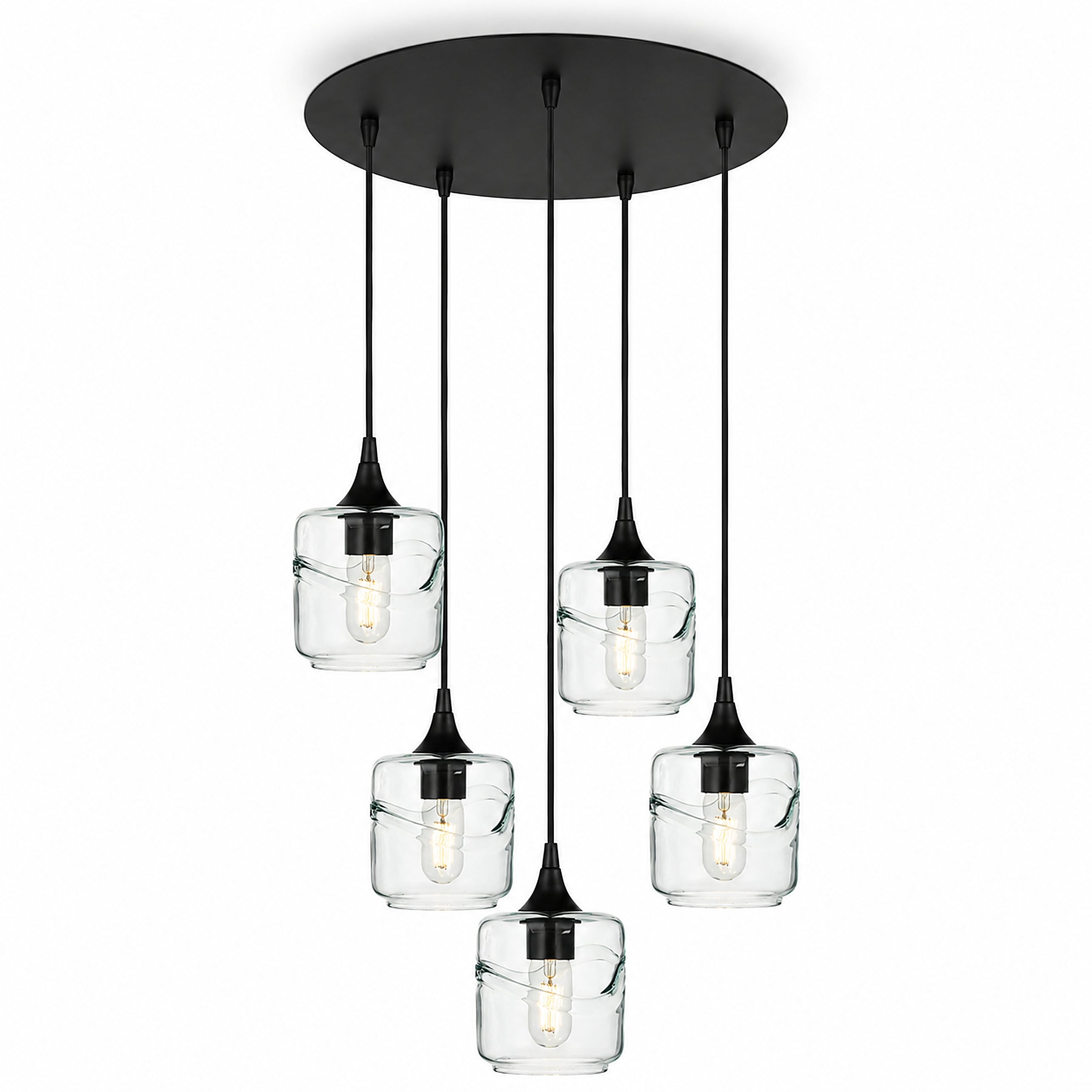 601 5 Pendant Cascade Chandelier-Glass-Bicycle Glass Co-Swell-Eco Clear-Matte Black - 4ft Cord-Bicycle Glass Co