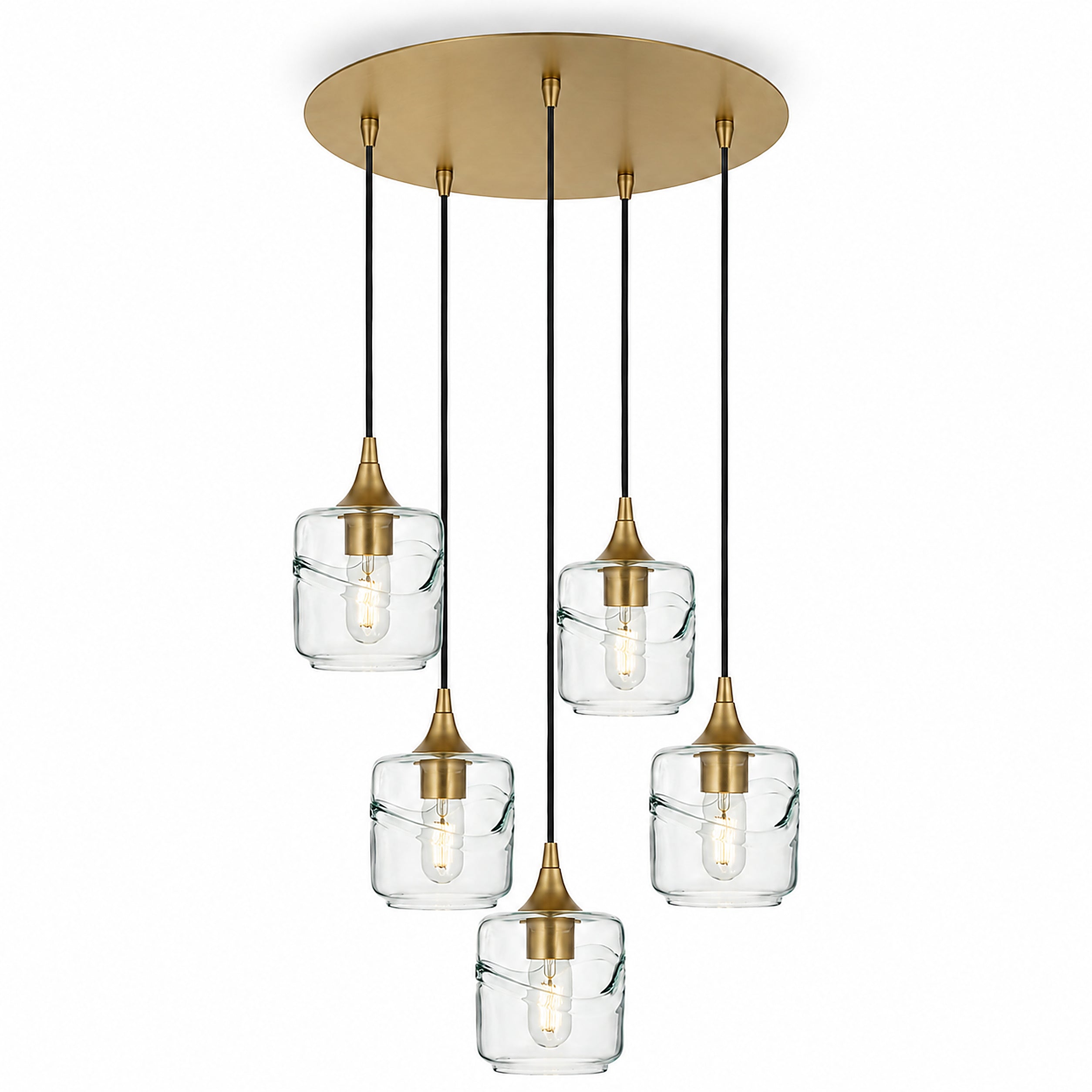 601 5 Pendant Cascade Chandelier-Glass-Bicycle Glass Co-Swell-Eco Clear-Polished Brass - 4ft Cord-Bicycle Glass Co