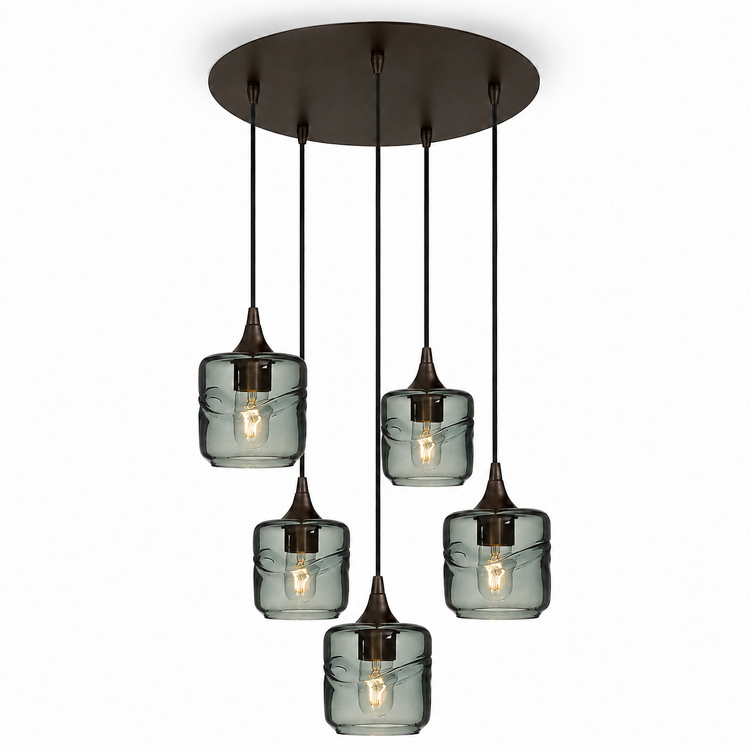601 5 Pendant Cascade Chandelier-Glass-Bicycle Glass Co-Swell-Slate Gray-Antique Bronze - 4ft Cord-Bicycle Glass Co
