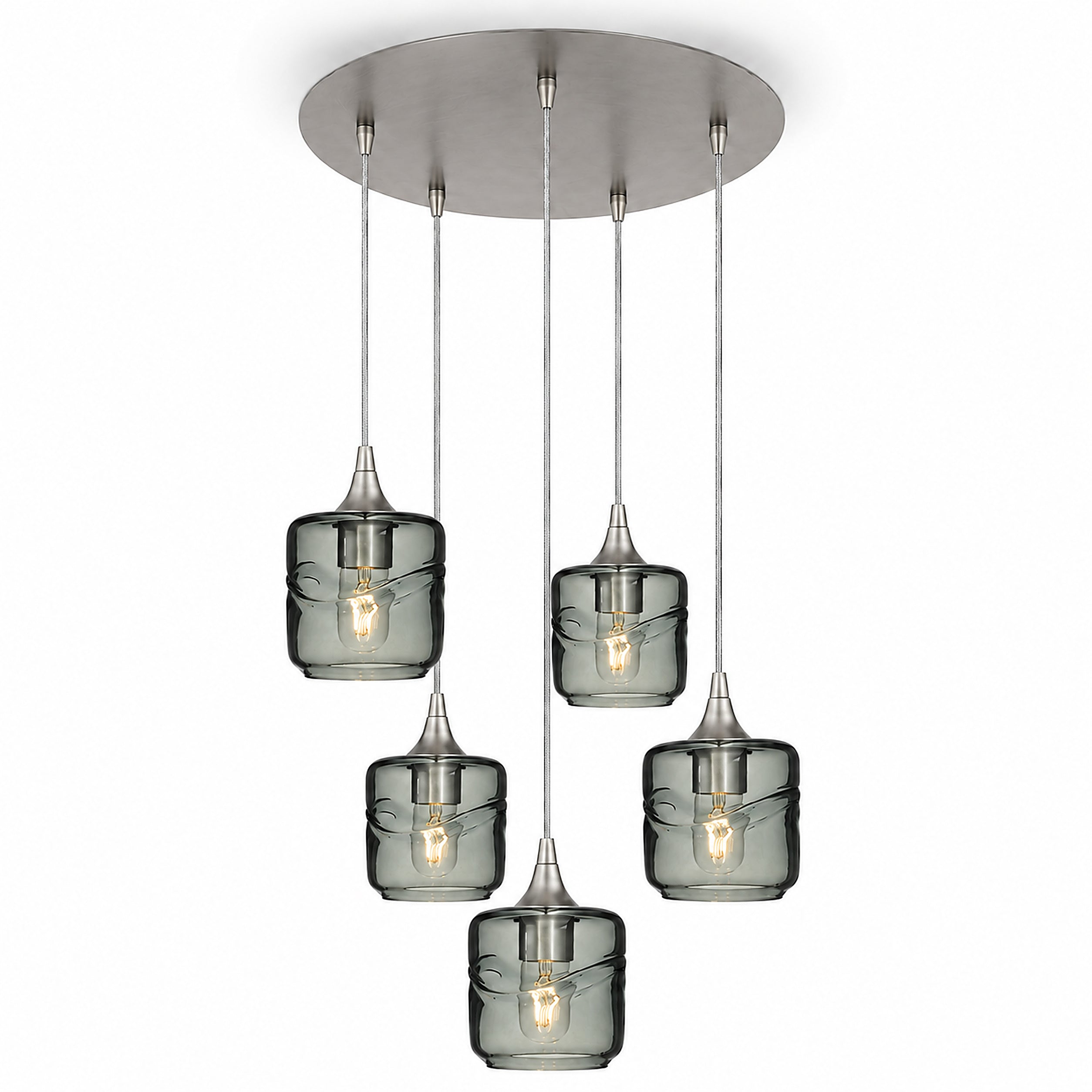 601 5 Pendant Cascade Chandelier-Glass-Bicycle Glass Co-Swell-Slate Gray-Brushed Nickel - 4ft Cord-Bicycle Glass Co