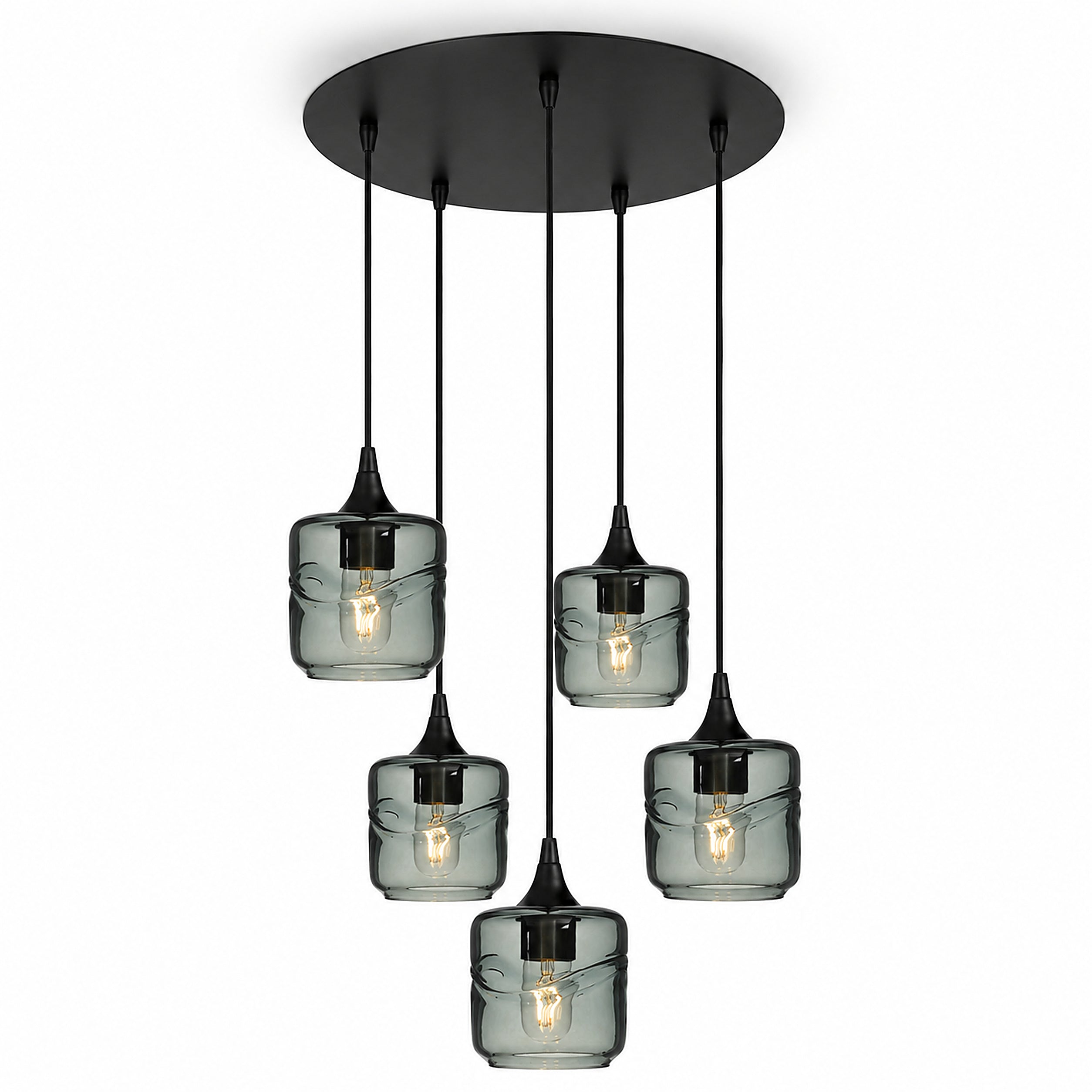 601 5 Pendant Cascade Chandelier-Glass-Bicycle Glass Co-Swell-Slate Gray-Matte Black - 4ft Cord-Bicycle Glass Co