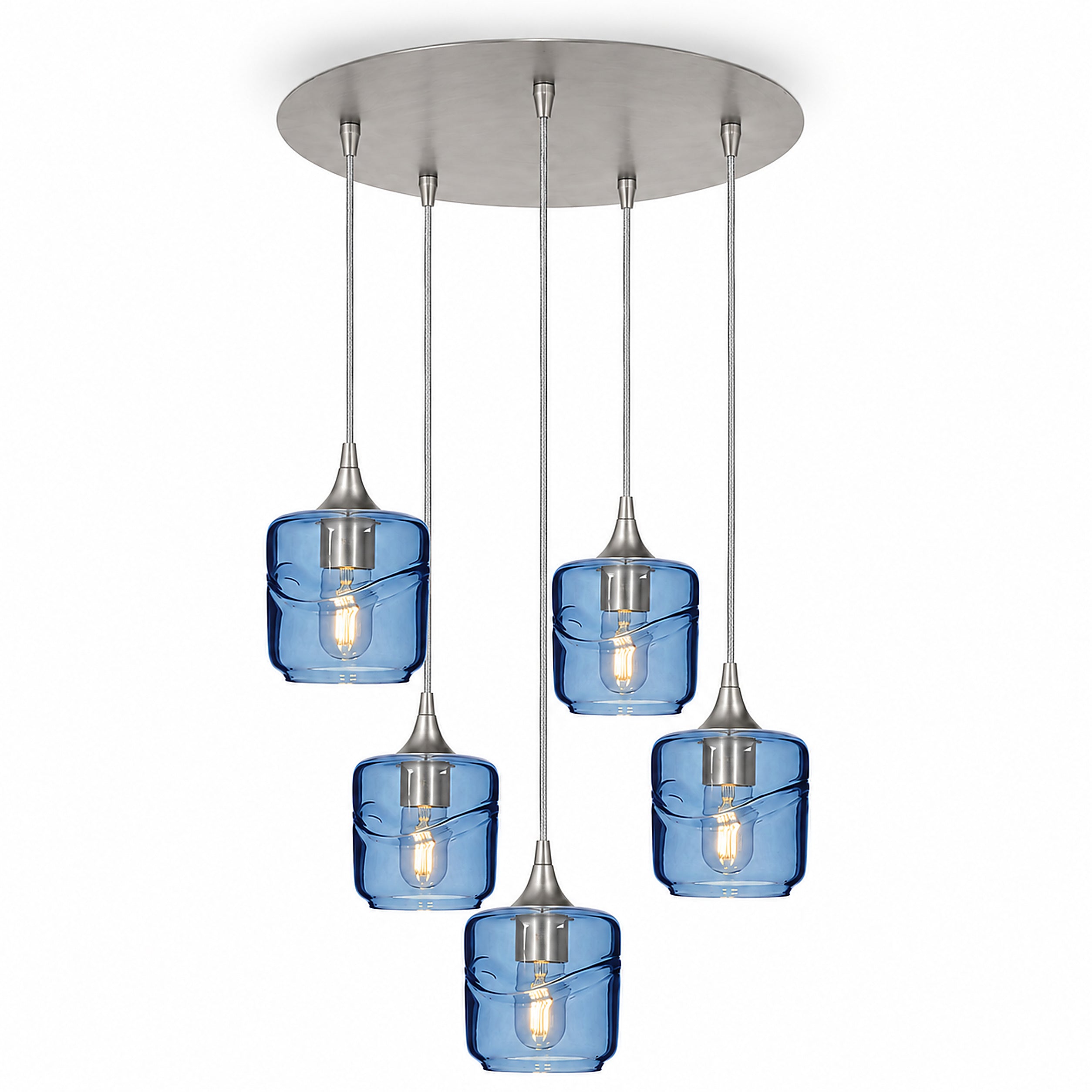 601 5 Pendant Cascade Chandelier-Glass-Bicycle Glass Co-Swell-Steel Blue-Brushed Nickel - 4ft Cord-Bicycle Glass Co