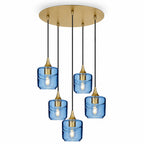 601 5 Pendant Cascade Chandelier-Glass-Bicycle Glass Co-Swell-Steel Blue-Polished Brass - 4ft Cord-Bicycle Glass Co