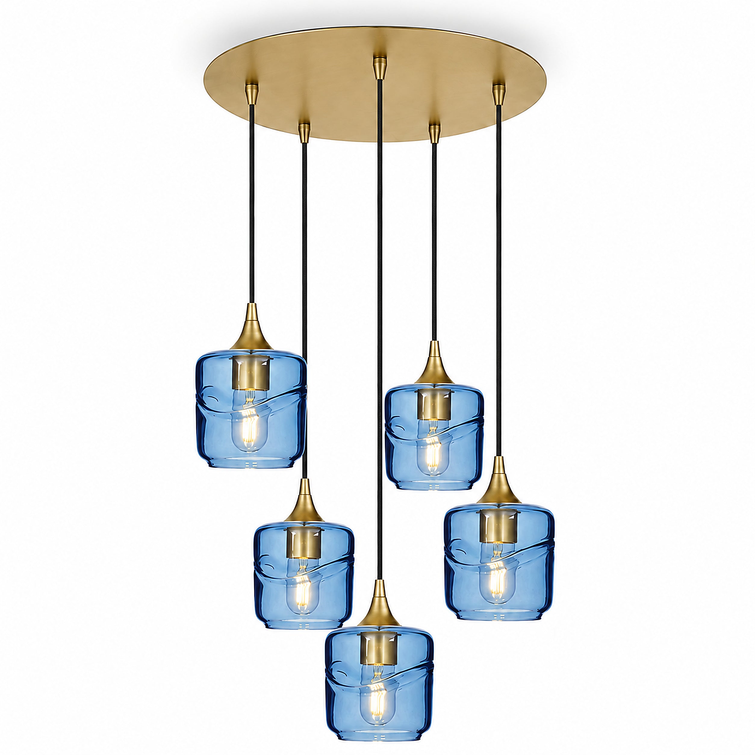 601 5 Pendant Cascade Chandelier-Glass-Bicycle Glass Co-Swell-Steel Blue-Polished Brass - 4ft Cord-Bicycle Glass Co