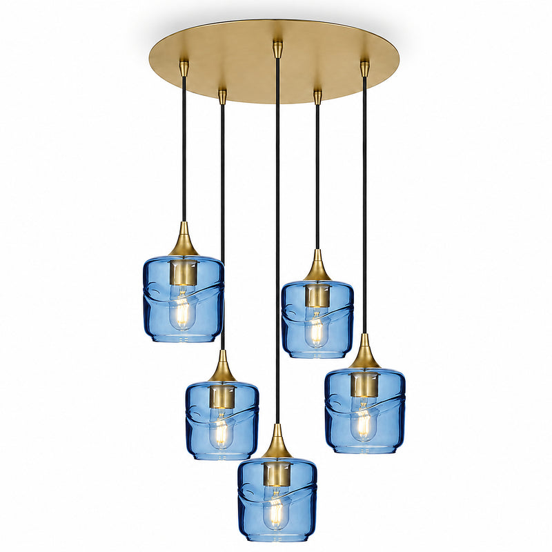 601 5 Pendant Cascade Chandelier — Swell / Steel Blue / Polished Brass - 8ft Cord