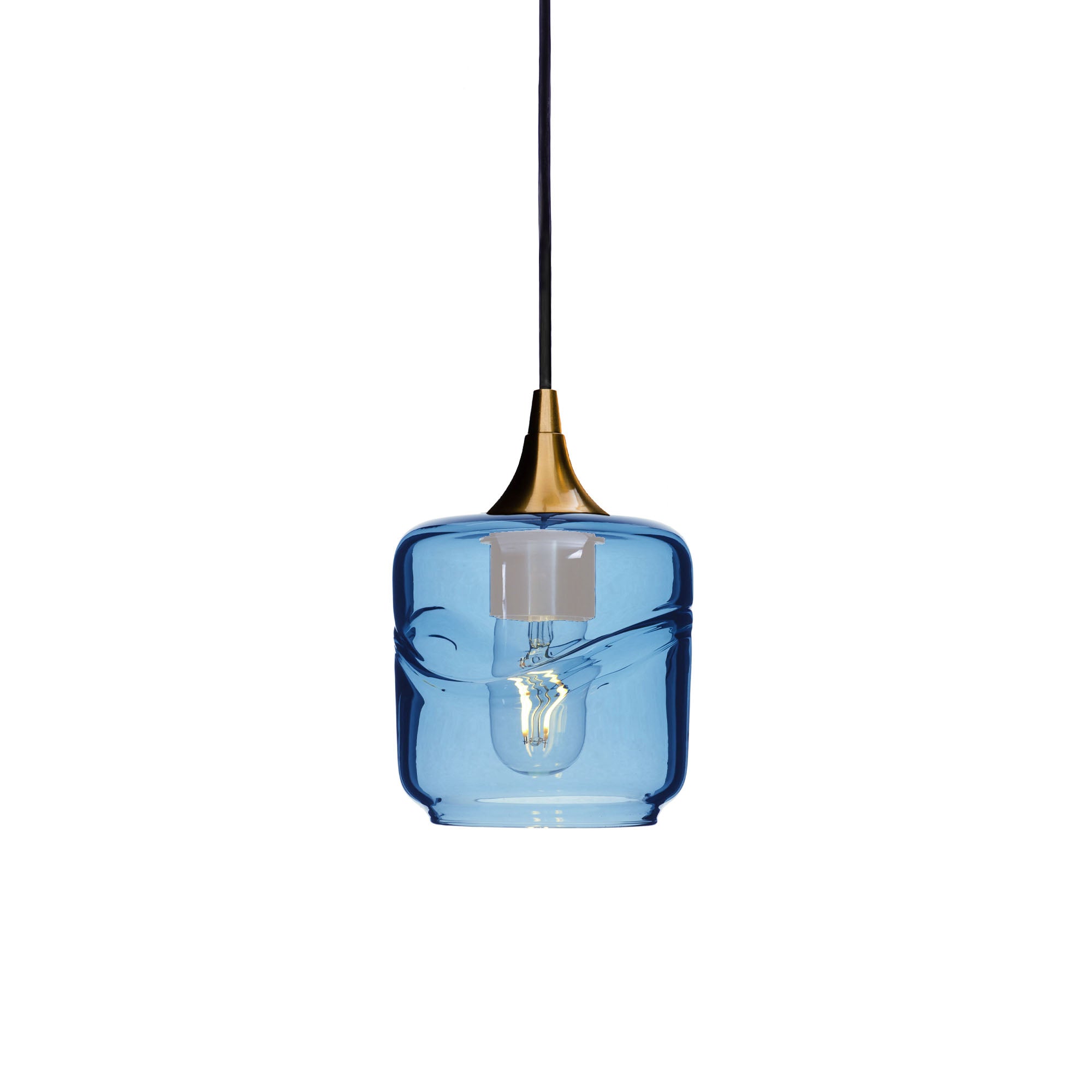 601 Single Pendant Light-Bicycle Glass Co-Polished Brass 15ft Cord + Track Mount-Swell-Steel Blue-Bicycle Glass Co