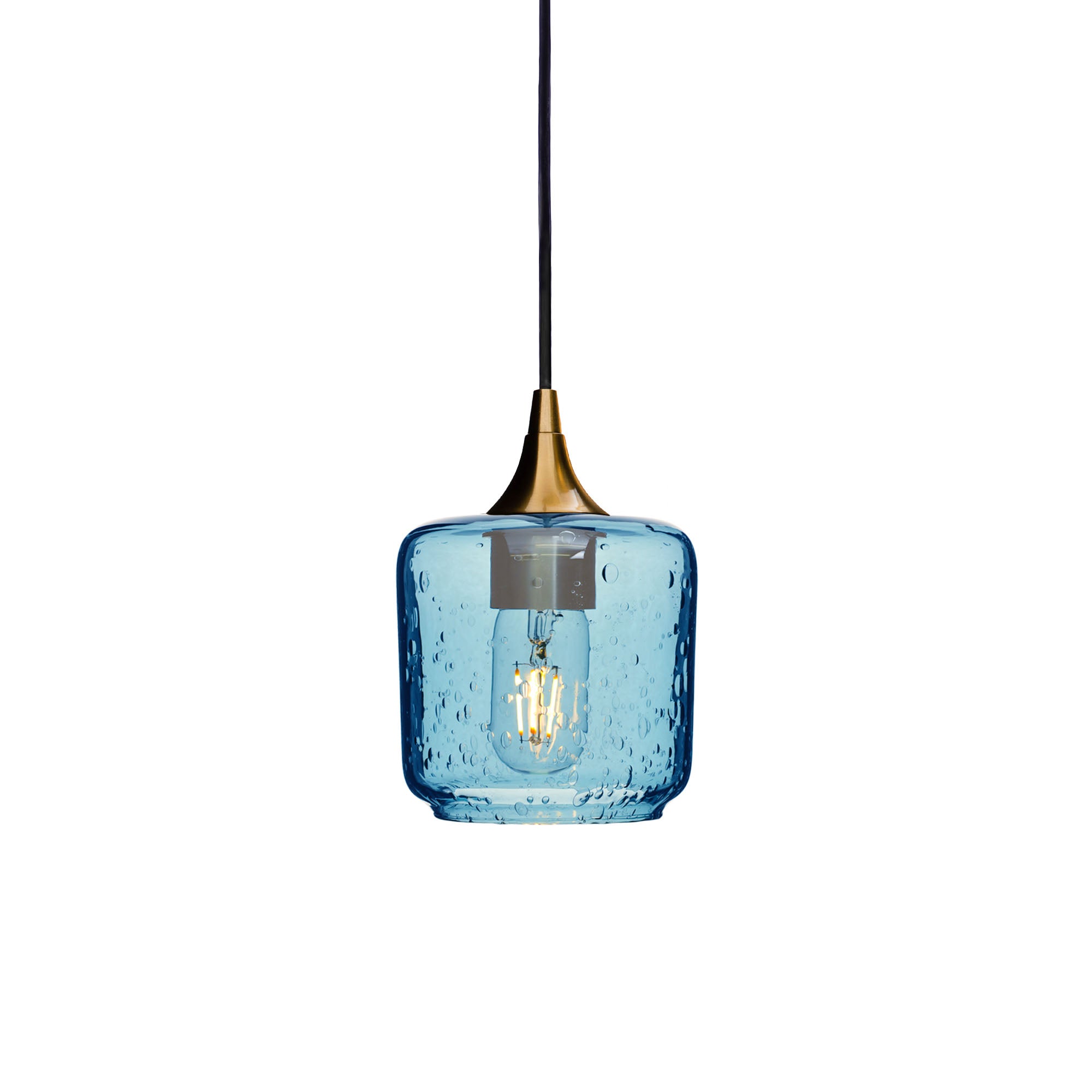 601 Single Pendant Light-Bicycle Glass Co-Polished Brass - 4ft Cord-Lunar-Steel Blue-Bicycle Glass Co