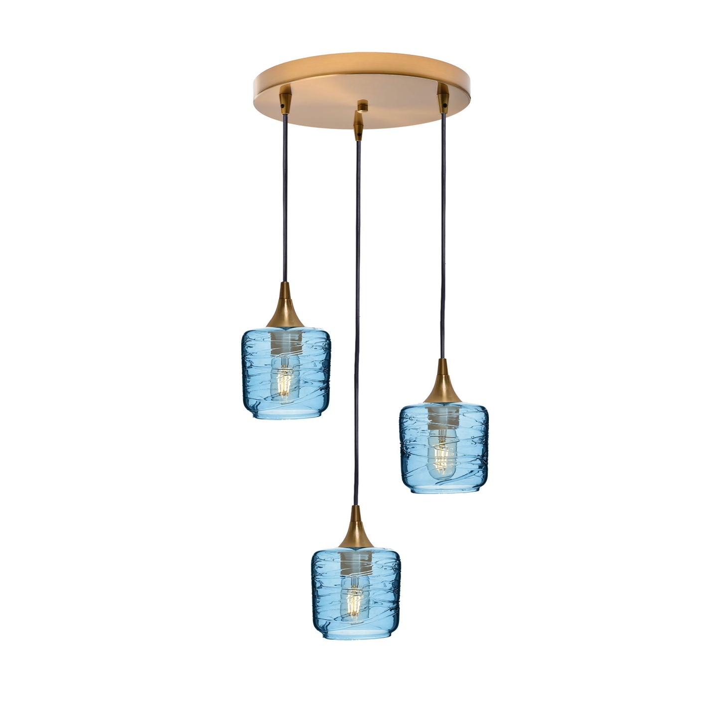 601 Spun: 3 Pendant Cascade Chandelier-Glass-Bicycle Glass Co - Hotshop-Steel Blue-Polished Brass-Bicycle Glass Co