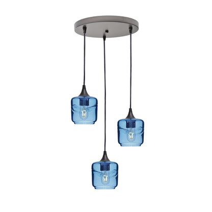 601 Swell: 3 Pendant Cascade Chandelier-Glass-Bicycle Glass Co - Hotshop-Steel Blue-Antique Bronze-Bicycle Glass Co