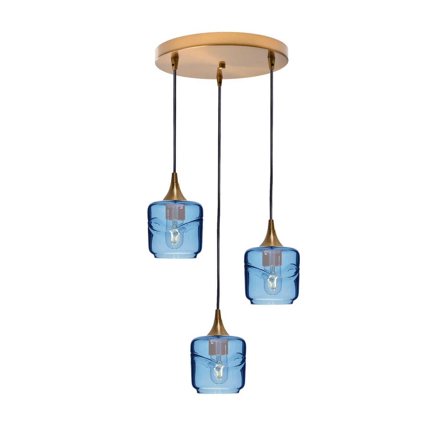 601 Swell: 3 Pendant Cascade Chandelier-Glass-Bicycle Glass Co - Hotshop-Steel Blue-Polished Brass-Bicycle Glass Co