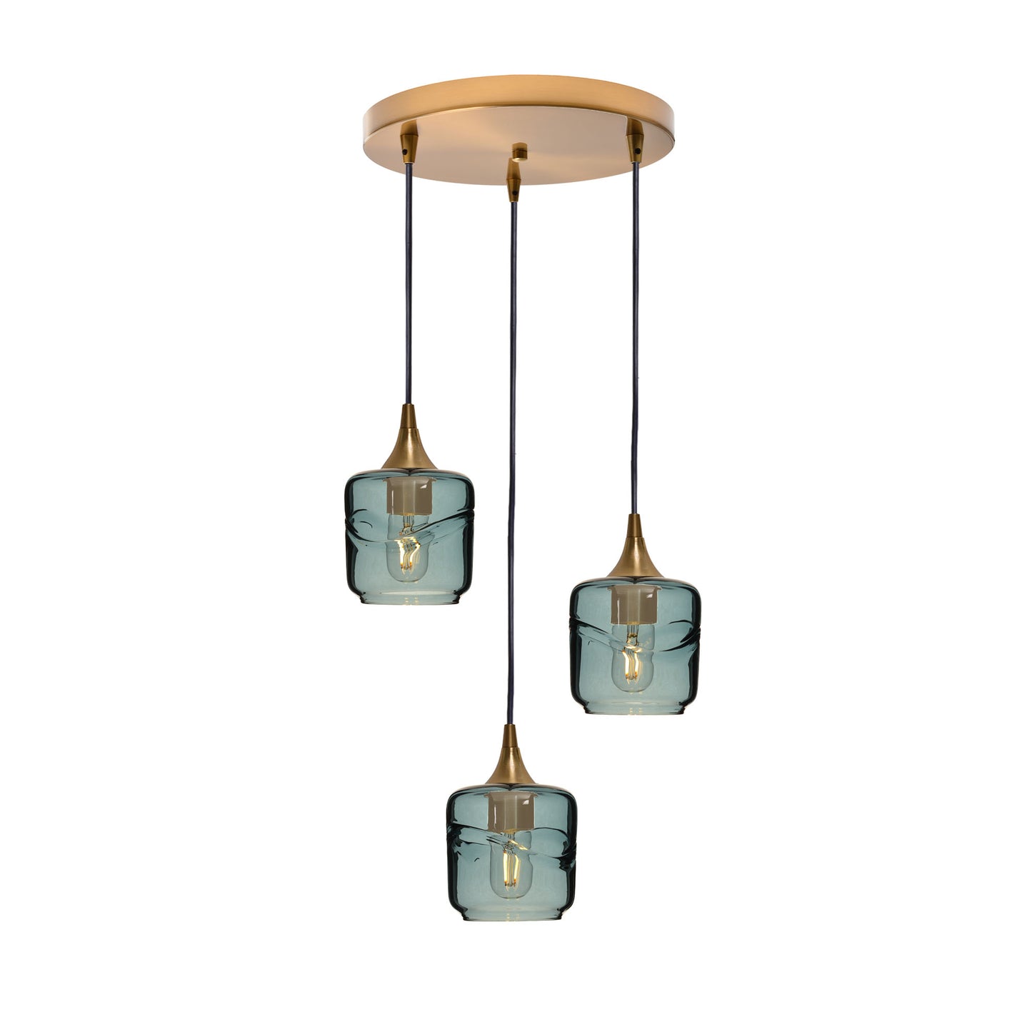 601 Swell: 3 Pendant Cascade Chandelier-Glass-Bicycle Glass Co - Hotshop-Slate Gray-Polished Brass-Bicycle Glass Co