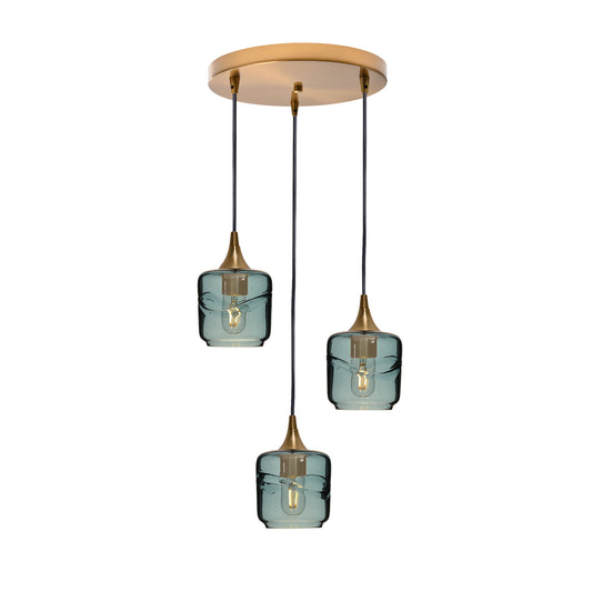 601 Swell: 3 Pendant Cascade Chandelier-Glass-Bicycle Glass Co - Hotshop-Slate Gray-Polished Brass-Bicycle Glass Co
