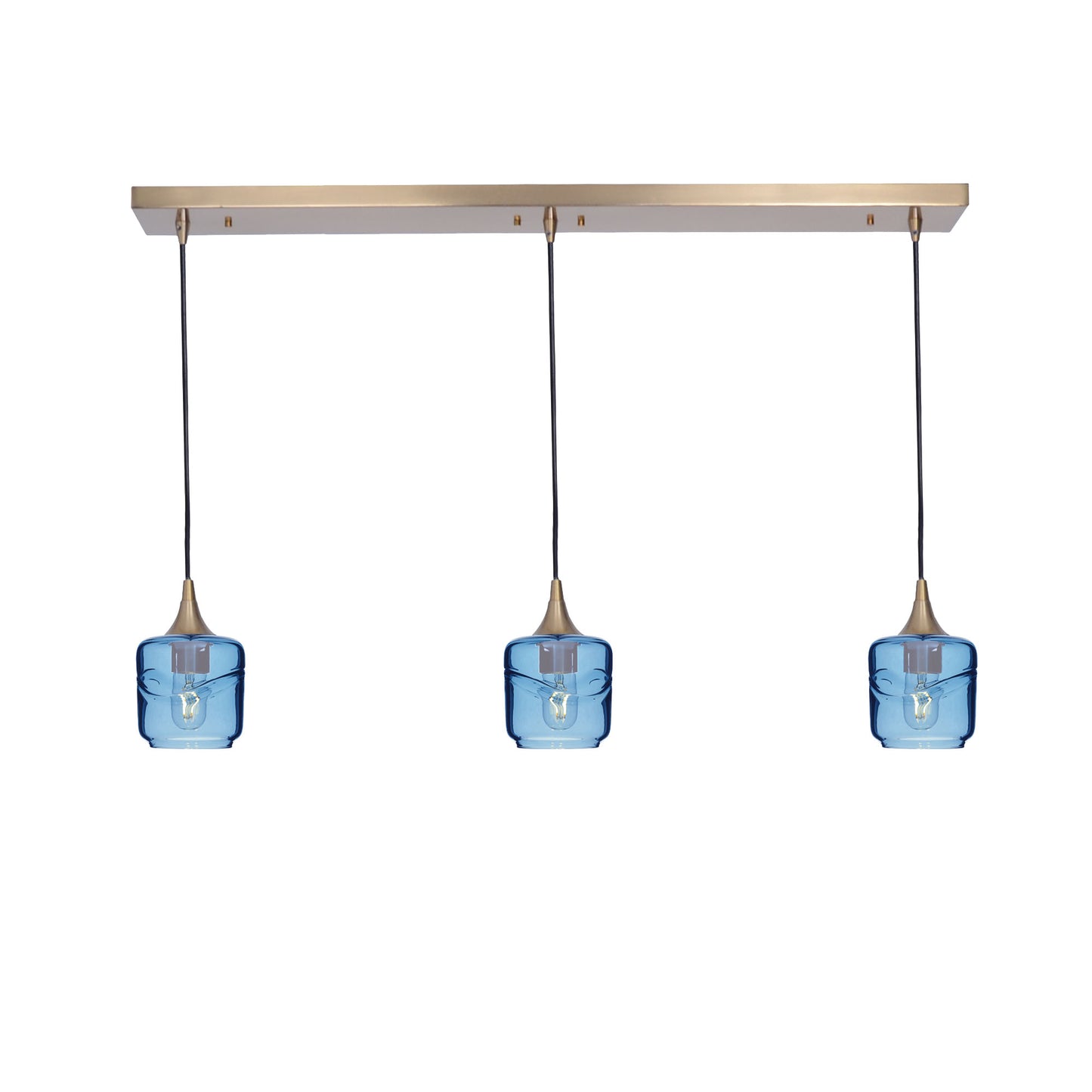 601 Swell: 3 Pendant Linear Chandelier-Glass-Bicycle Glass Co - Hotshop-Steel Blue-Polished Brass-Bicycle Glass Co