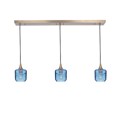 601 Swell: 3 Pendant Linear Chandelier-Glass-Bicycle Glass Co - Hotshop-Steel Blue-Polished Brass-Bicycle Glass Co