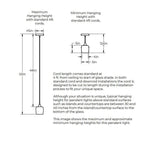 Maximum Hanging Height with standard 4 feet cord, 53 inches from ceiling to bottom of shade and 48 inches of cord. Minimum Hanging Height with standard 4 foot cords, 3 inches of cord. 5 inch diameter canopy plate. Shade is 5 375 inches in diameter by 5.375 inches tall. Opening of bottom of the shade is 4 inches in diameter. In both standard cord and downrod installations the 4 feet of cord is designed to be cut to length during the installation process.