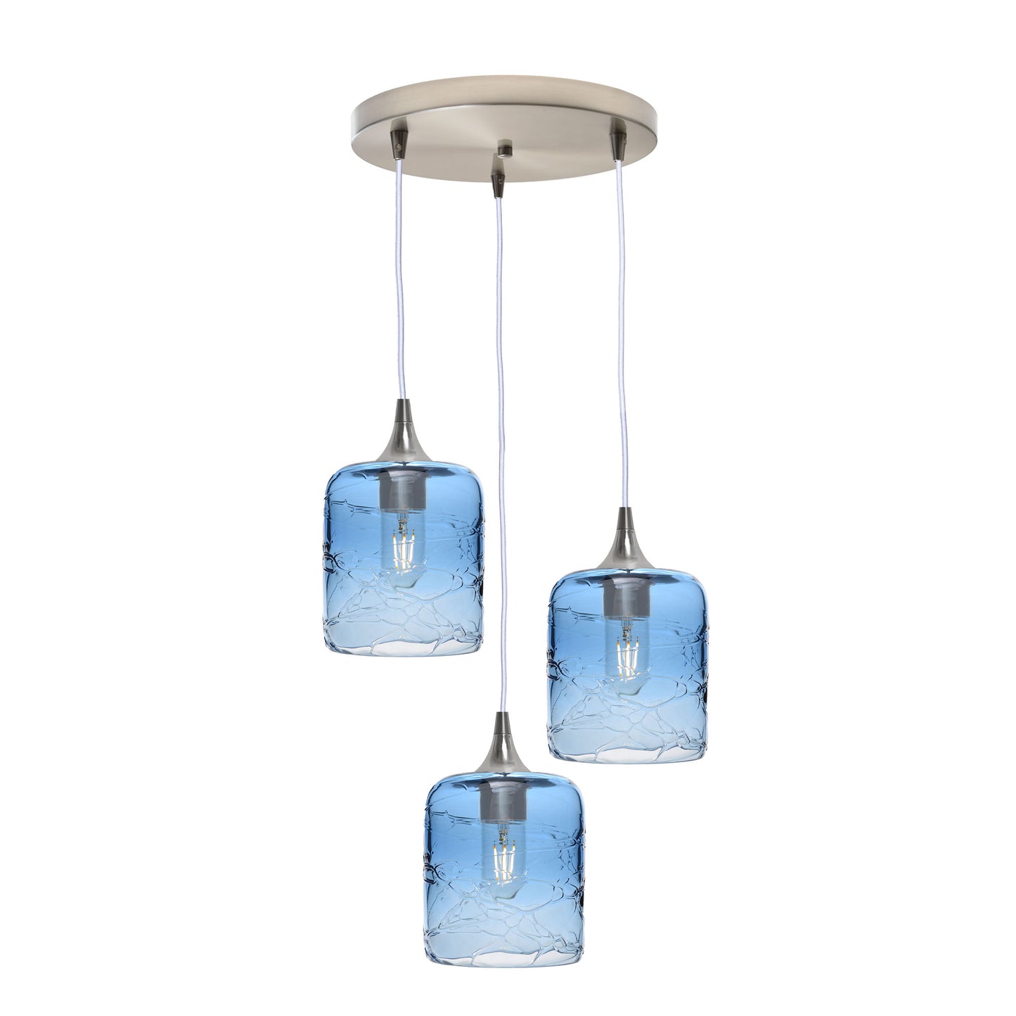 603 3 Pendant Cascade Chandelier-Glass-Bicycle Glass Co - Hotshop-Brushed Nickel - 4ft Cord-Spun-Steel Blue-Bicycle Glass Co