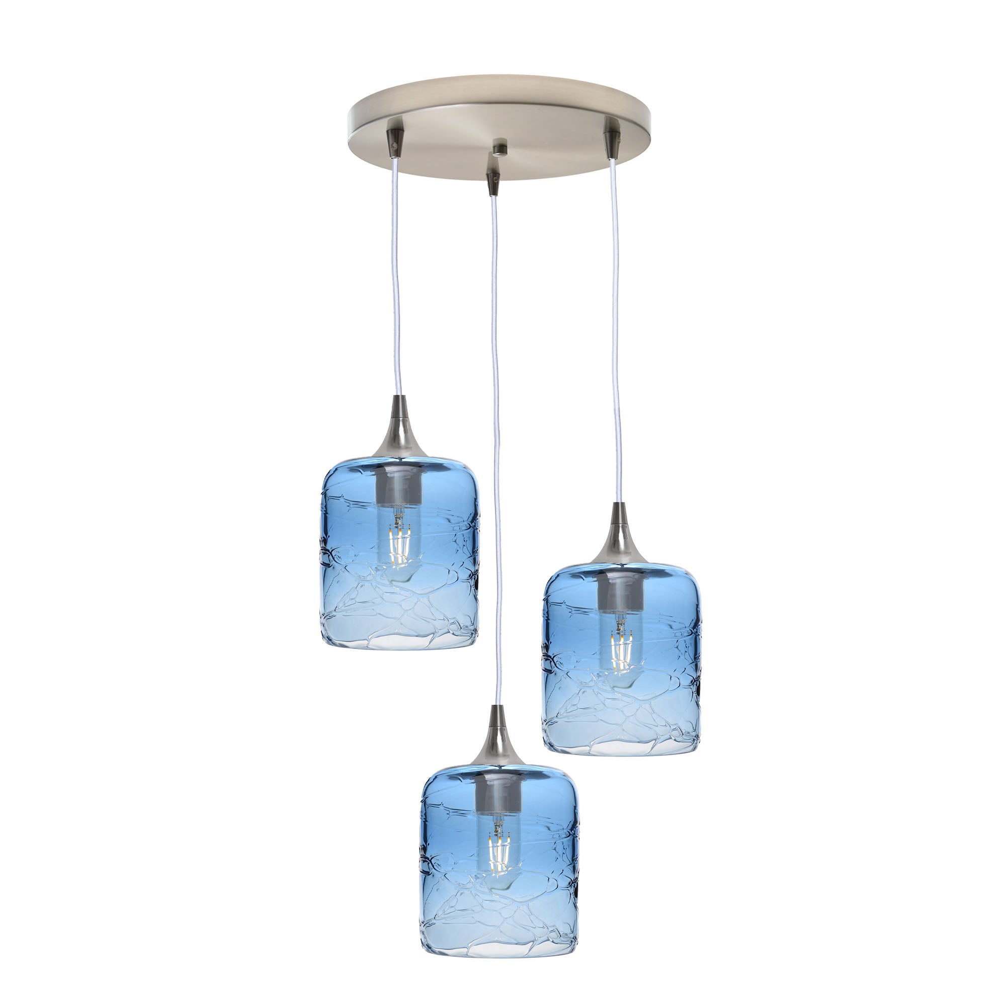 603 3 Pendant Cascade Chandelier-Glass-Bicycle Glass Co - Hotshop-Brushed Nickel - 4ft Cord-Spun-Steel Blue-Bicycle Glass Co