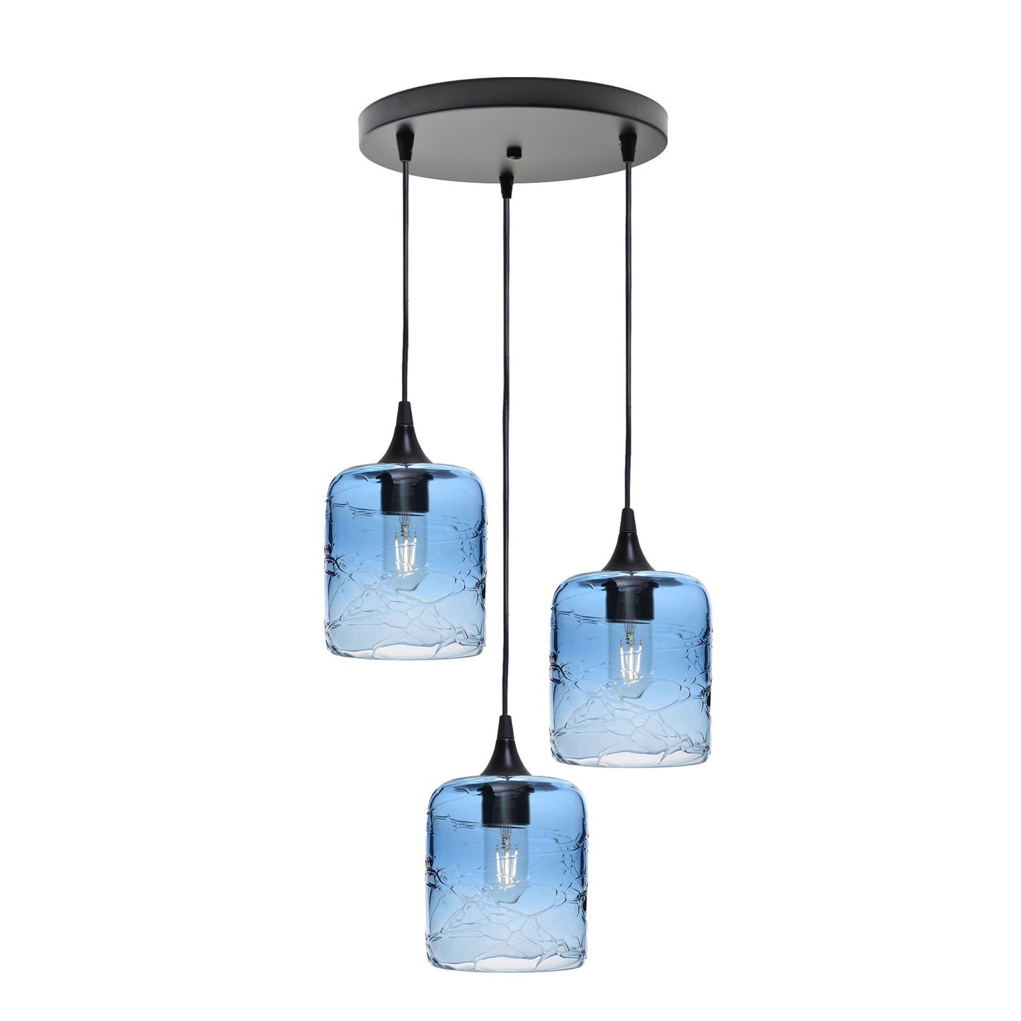 603 3 Pendant Cascade Chandelier-Glass-Bicycle Glass Co - Hotshop-Matte Black - 4ft Cord-Spun-Steel Blue-Bicycle Glass Co