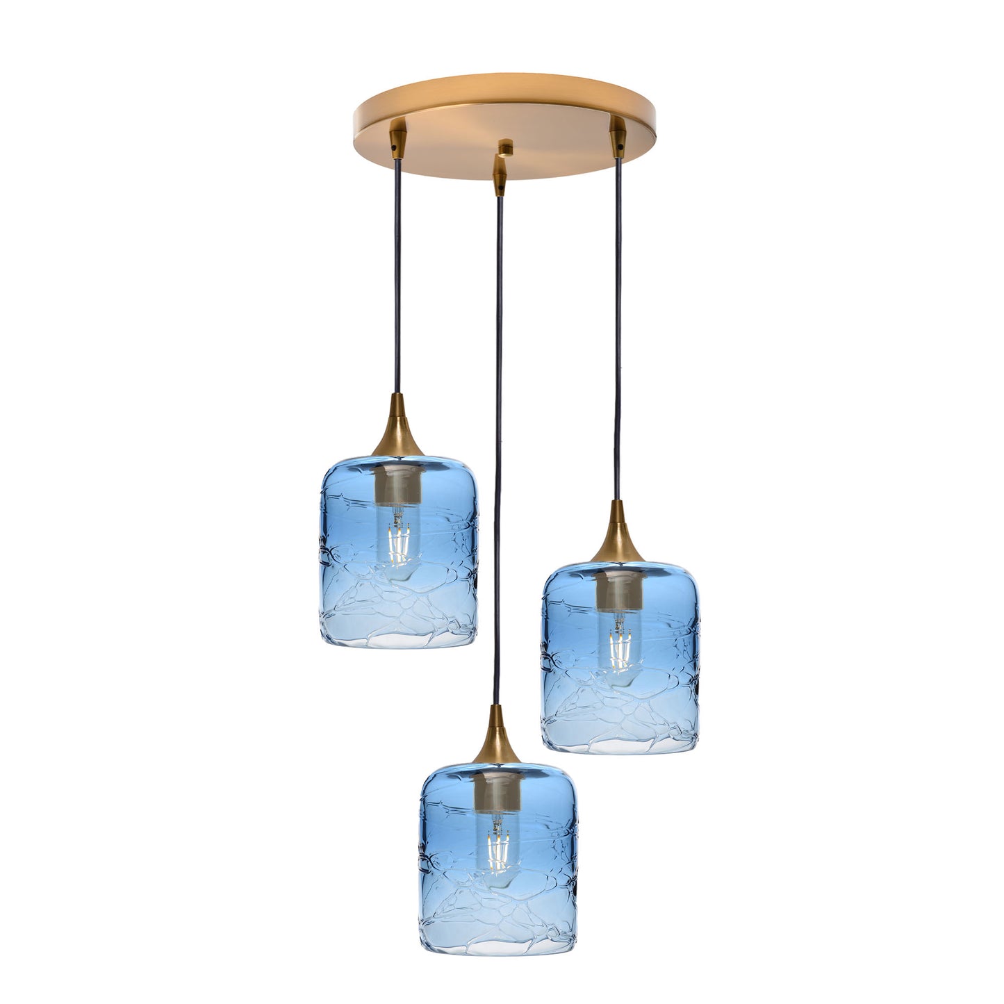 603 3 Pendant Cascade Chandelier-Glass-Bicycle Glass Co - Hotshop-Polished Brass - 4ft Cord-Spun-Steel Blue-Bicycle Glass Co