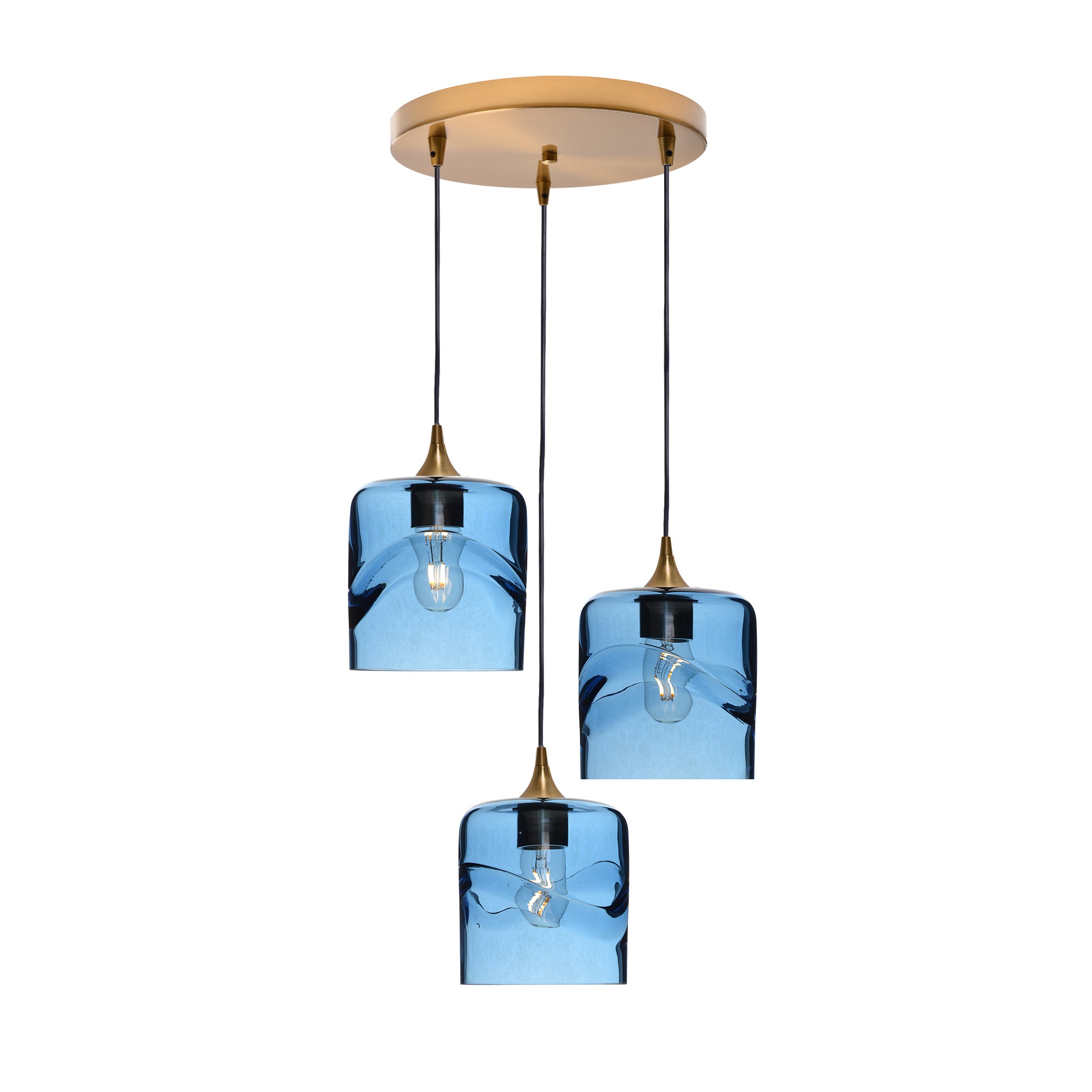 603 3 Pendant Cascade Chandelier-Glass-Bicycle Glass Co - Hotshop-Polished Brass - 4ft Cord-Swell-Steel Blue-Bicycle Glass Co
