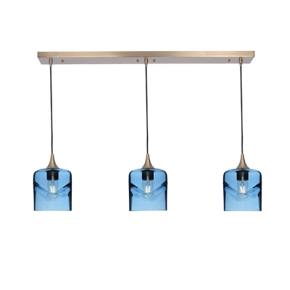 603 3 Pendant Linear Chandelier-Glass-Bicycle Glass Co - Hotshop-Polished Brass - 4ft Downrod-Swell-Steel Blue-Bicycle Glass Co