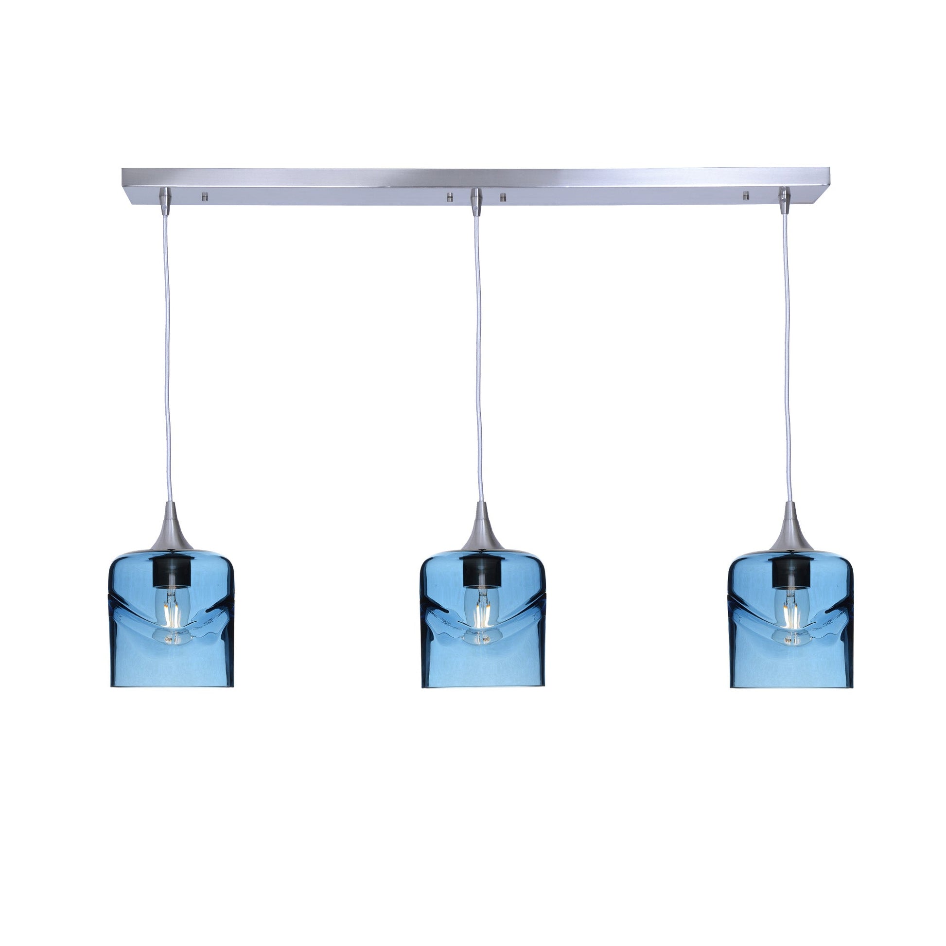 603 3 Pendant Linear Chandelier-Glass-Bicycle Glass Co - Hotshop-Brushed Nickel - 4ft Downrod-Swell-Steel Blue-Bicycle Glass Co