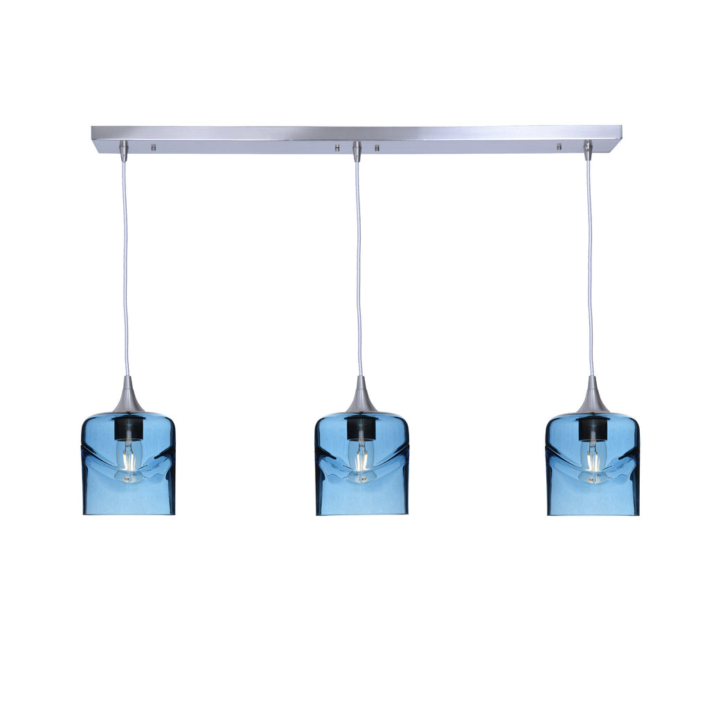 603 3 Pendant Linear Chandelier-Glass-Bicycle Glass Co - Hotshop-Brushed Nickel - 4ft Downrod-Swell-Steel Blue-Bicycle Glass Co