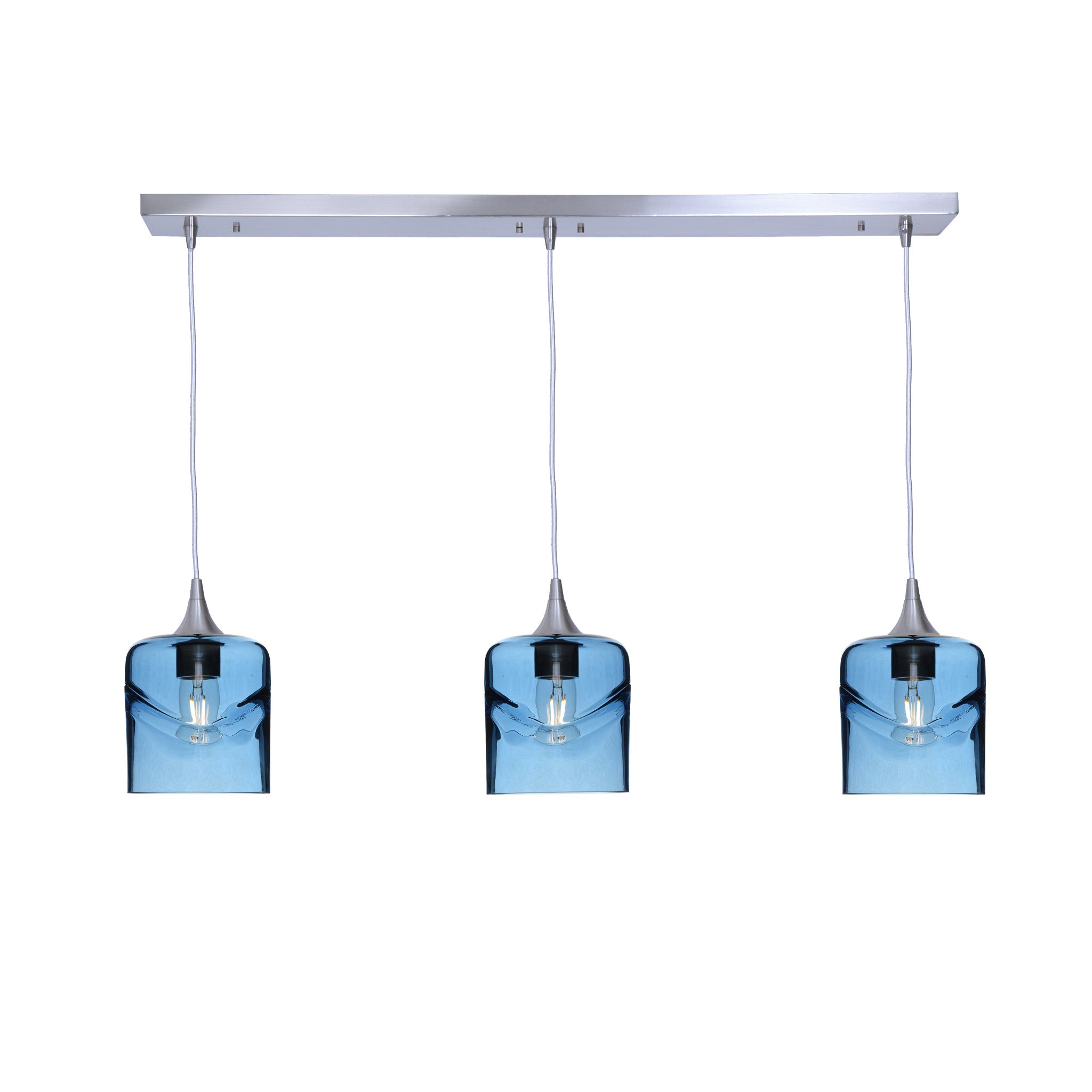 603 3 Pendant Linear Chandelier-Glass-Bicycle Glass Co - Hotshop-Brushed Nickel - 4ft Cord-Swell-Steel Blue-Bicycle Glass Co