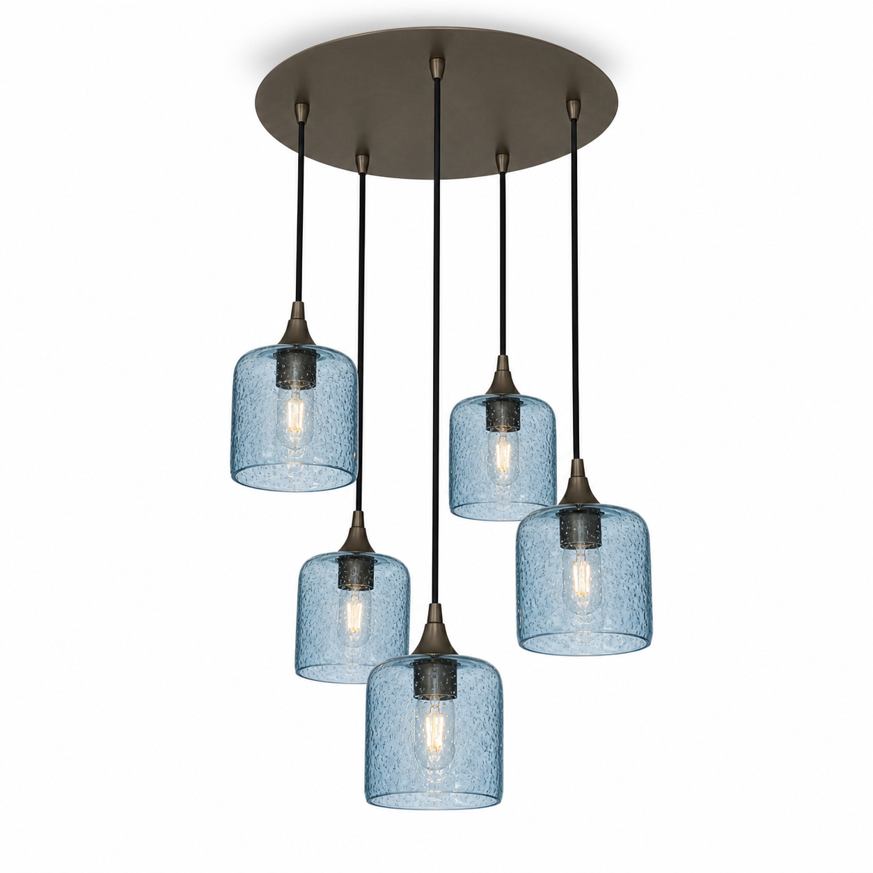 603 5 Pendant Cascade Chandelier-Glass-Bicycle Glass Co - Hotshop-Antique Bronze - 4ft Cord-Lunar-Steel Blue-Bicycle Glass Co