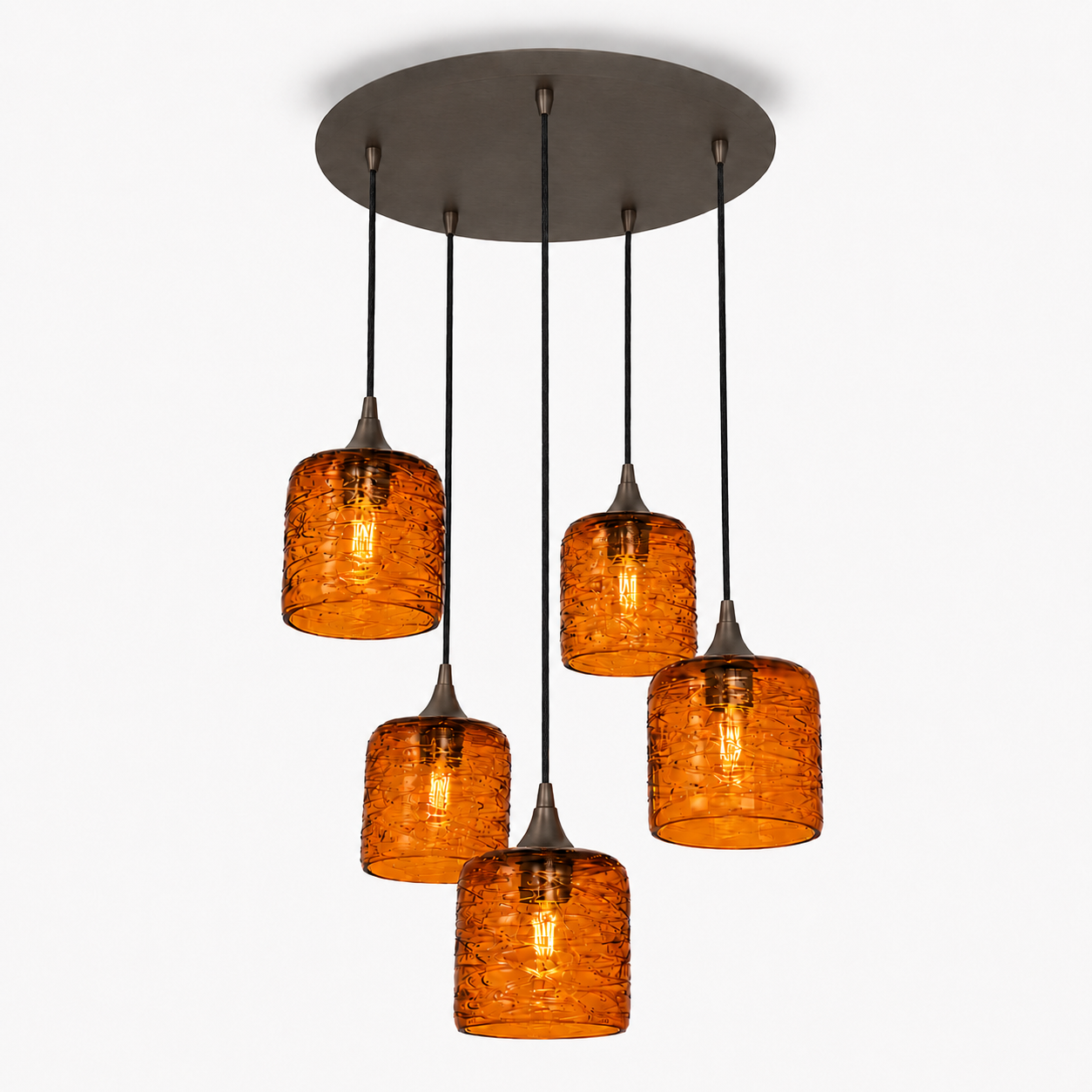 603 5 Pendant Cascade Chandelier-Glass-Bicycle Glass Co - Hotshop-Antique Bronze - 4ft Cord-Spun-Golden Amber-Bicycle Glass Co