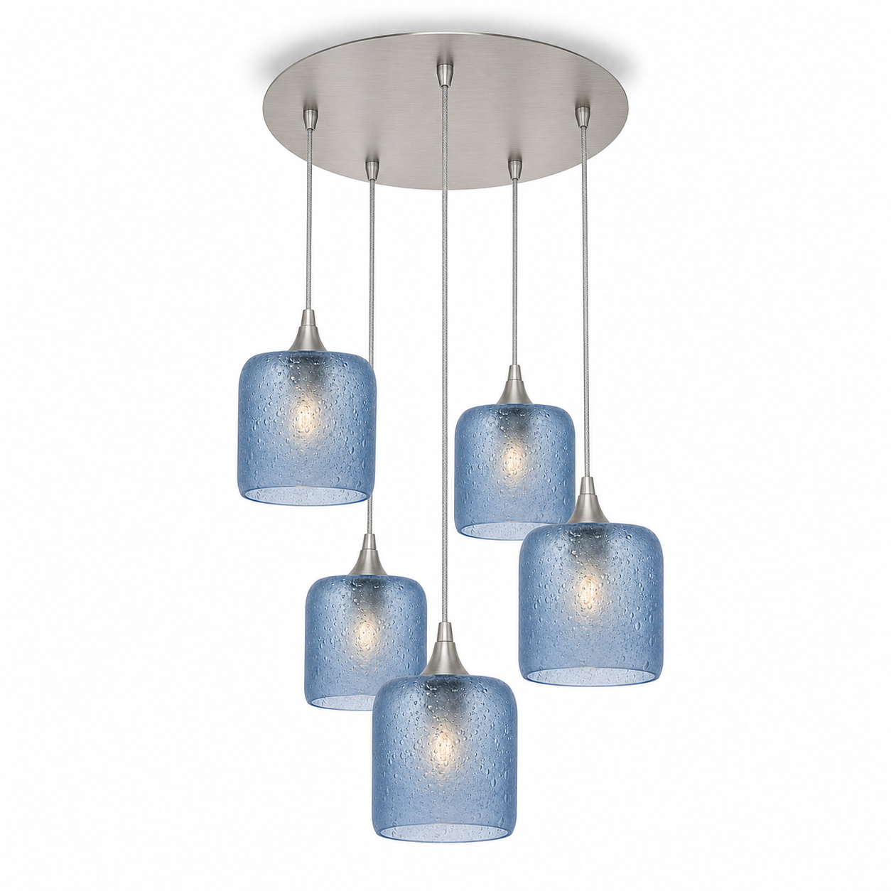 603 5 Pendant Cascade Chandelier-Glass-Bicycle Glass Co - Hotshop-Brushed Nickel - 4ft Cord-Celestial-Steel Blue-Bicycle Glass Co