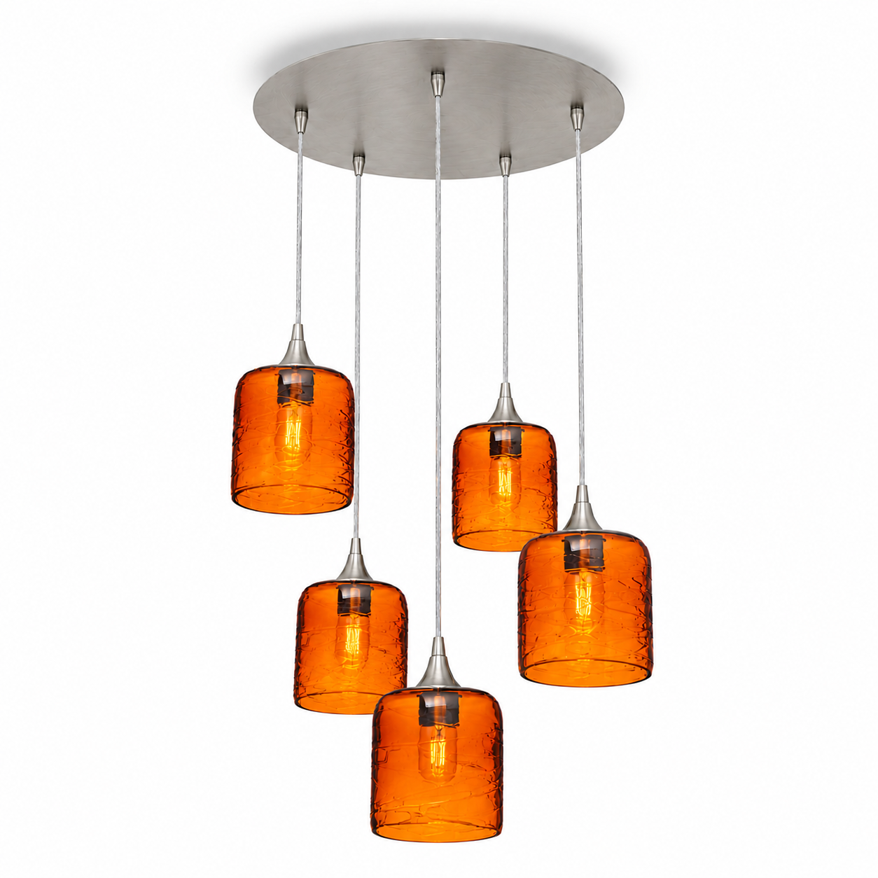 603 5 Pendant Cascade Chandelier-Glass-Bicycle Glass Co - Hotshop-Brushed Nickel - 4ft Cord-Spun-Golden Amber-Bicycle Glass Co
