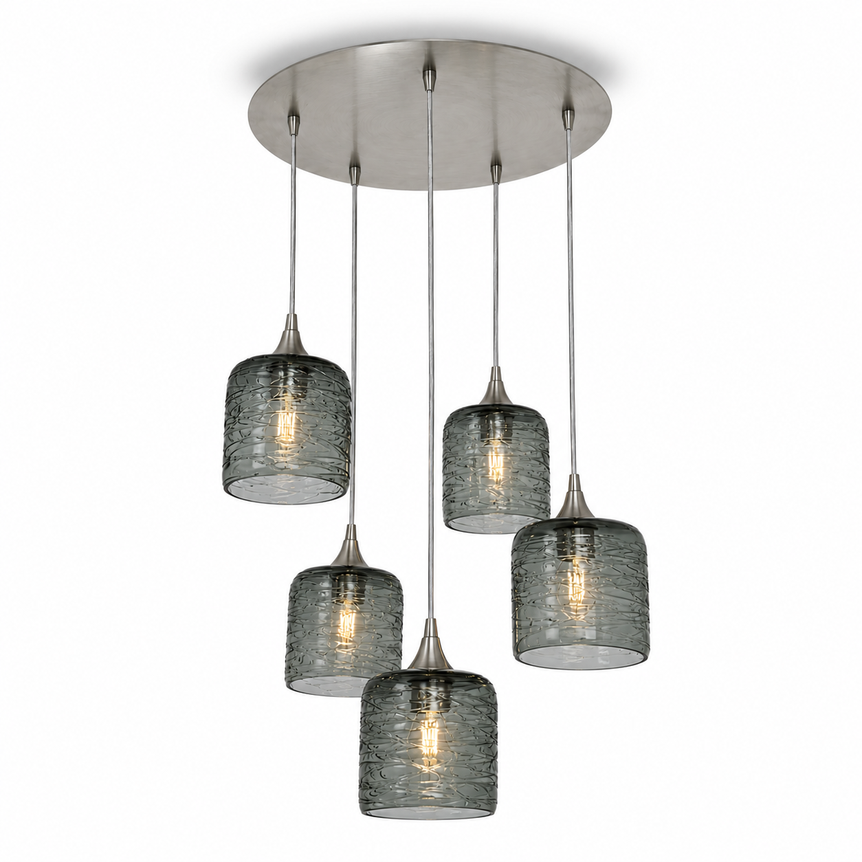 603 5 Pendant Cascade Chandelier-Glass-Bicycle Glass Co - Hotshop-Brushed Nickel - 4ft Cord-Spun-Slate Gray-Bicycle Glass Co